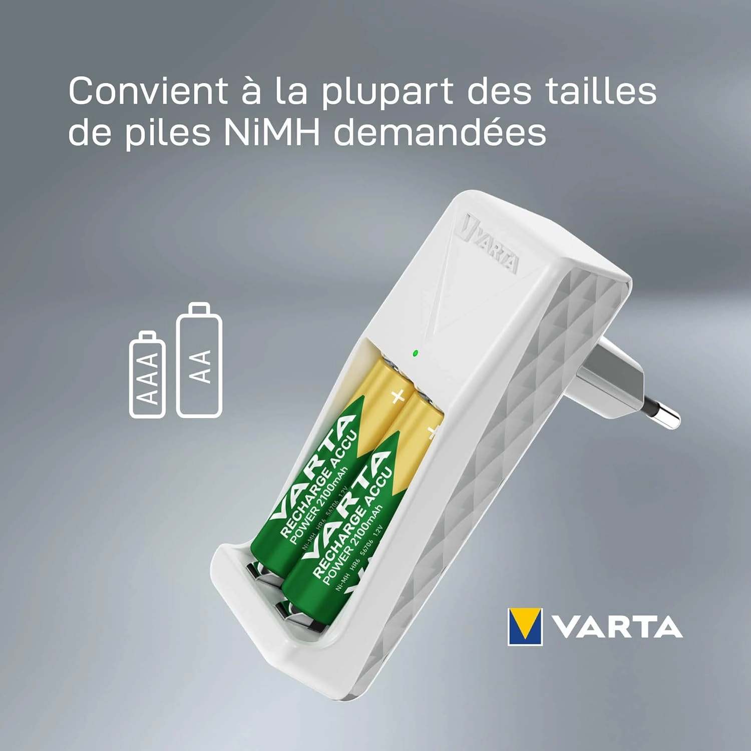 Varta Battery Charger, Includes 2 x AAA 800 mAh, Battery Charger for Rechargeable Batteries, Charges 2 AA/AAA Simultaneously, Mini Charger, White