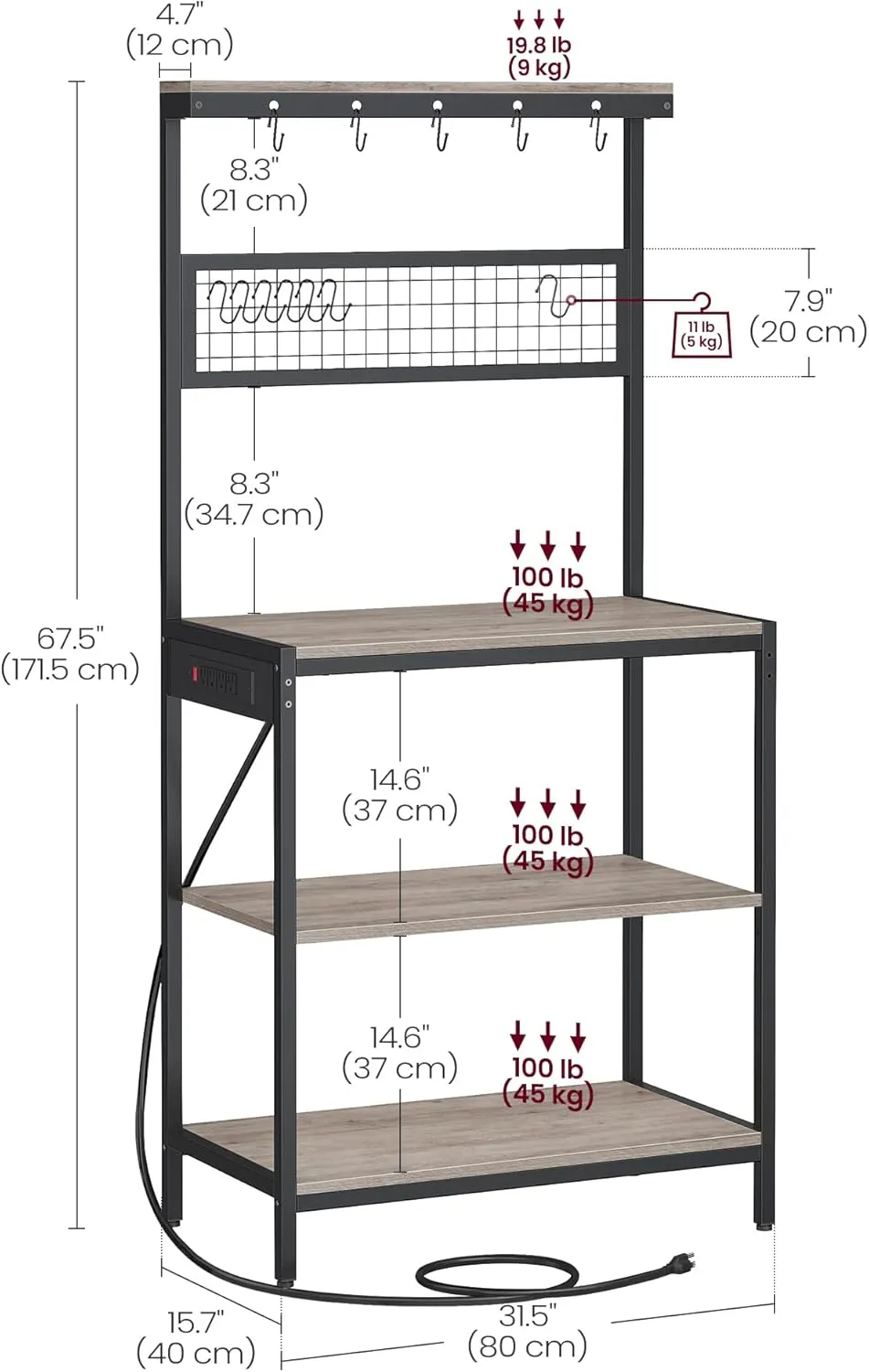 VASAGLE Bakers Rack with Charging Station, 31.5 Inches Coffee Bar Stand with Adjustable Storage Shelf, Grid Panel, 12 Hooks, Table for Microwave, Kitchen, Heather Greige and Ink Black UKKS016K02