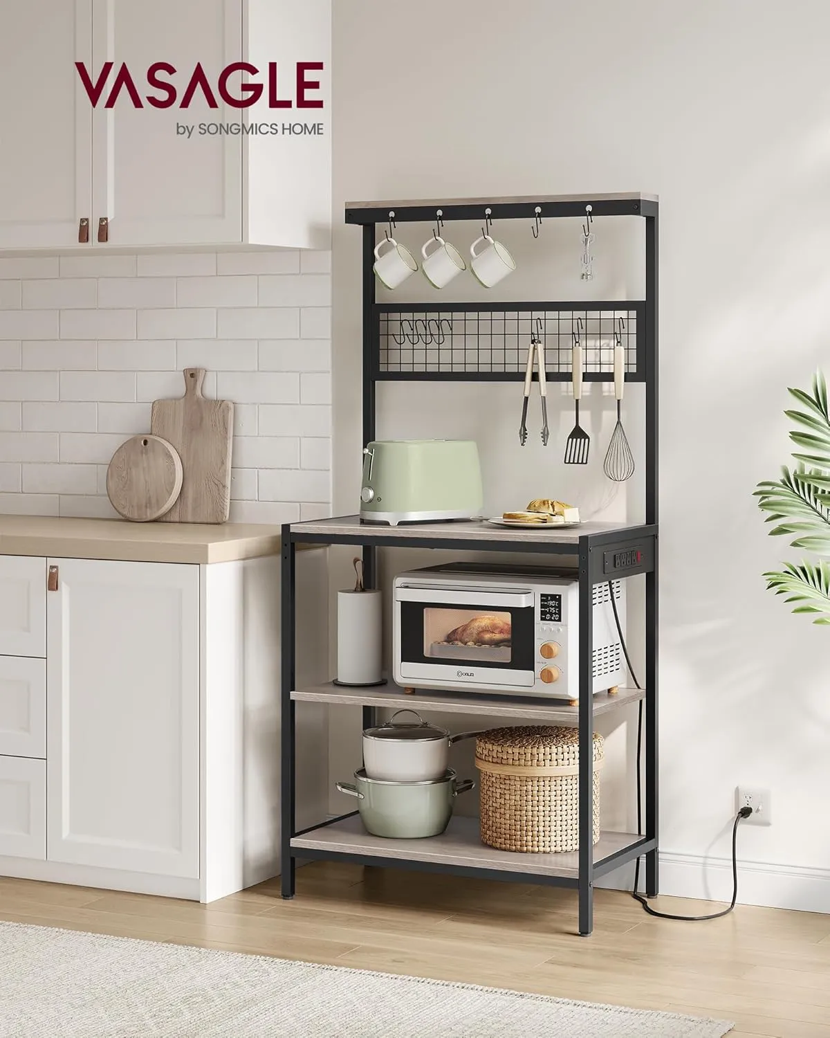 VASAGLE Bakers Rack with Charging Station, 31.5 Inches Coffee Bar Stand with Adjustable Storage Shelf, Grid Panel, 12 Hooks, Table for Microwave, Kitchen, Heather Greige and Ink Black UKKS016K02