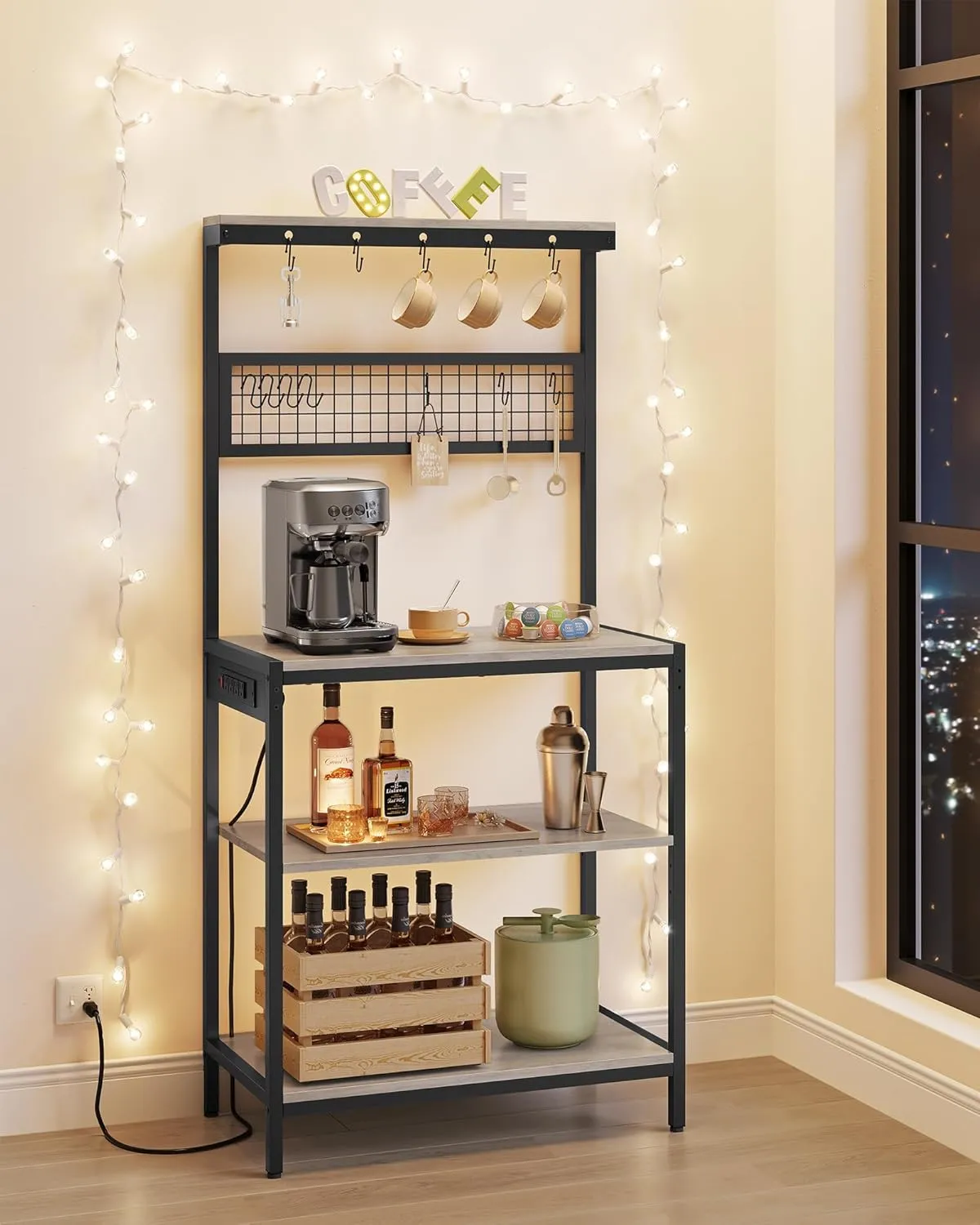 VASAGLE Bakers Rack with Charging Station, 31.5 Inches Coffee Bar Stand with Adjustable Storage Shelf, Grid Panel, 12 Hooks, Table for Microwave, Kitchen, Heather Greige and Ink Black UKKS016K02