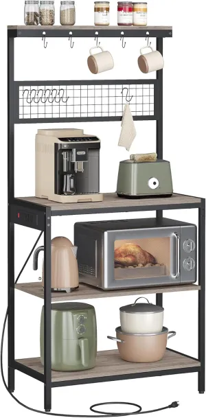 VASAGLE Bakers Rack with Charging Station, 31.5 Inches Coffee Bar Stand with Adjustable Storage Shelf, Grid Panel, 12 Hooks, Table for Microwave, Kitchen, Heather Greige and Ink Black UKKS016K02