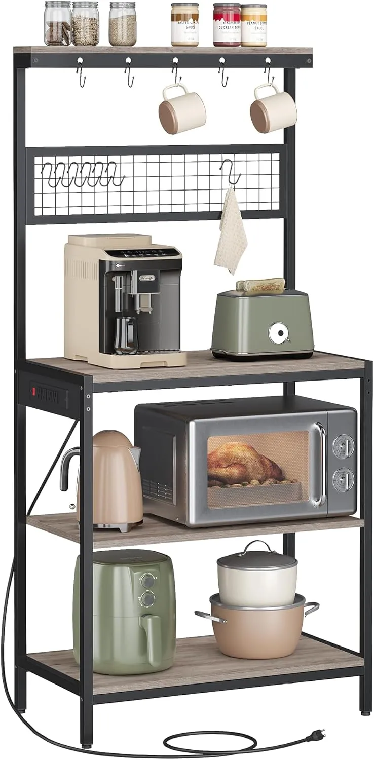 VASAGLE Bakers Rack with Charging Station, 31.5 Inches Coffee Bar Stand with Adjustable Storage Shelf, Grid Panel, 12 Hooks, Table for Microwave, Kitchen, Heather Greige and Ink Black UKKS016K02