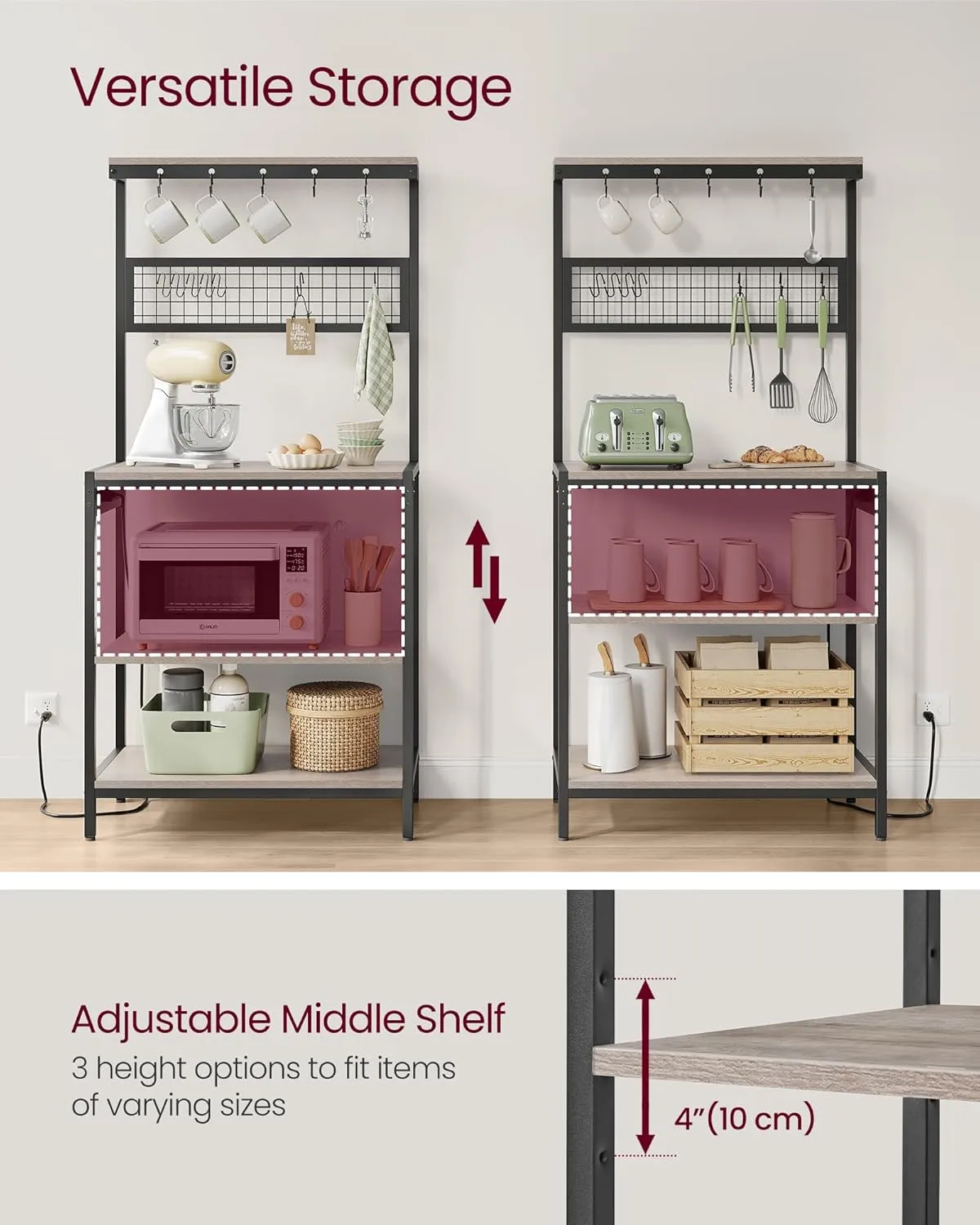 VASAGLE Bakers Rack with Charging Station, 31.5 Inches Coffee Bar Stand with Adjustable Storage Shelf, Grid Panel, 12 Hooks, Table for Microwave, Kitchen, Heather Greige and Ink Black UKKS016K02
