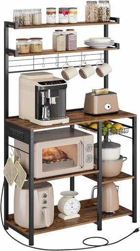 VASAGLE Bakers Rack with Power Outlet, 35.4 Inches Microwave Stand, Coffee Bar, 4 AC Outlets, with Adjustable Shelves, 8 S-Hooks, Basket, Spice Racks, Rustic Brown and Ink Black UKKS031K01