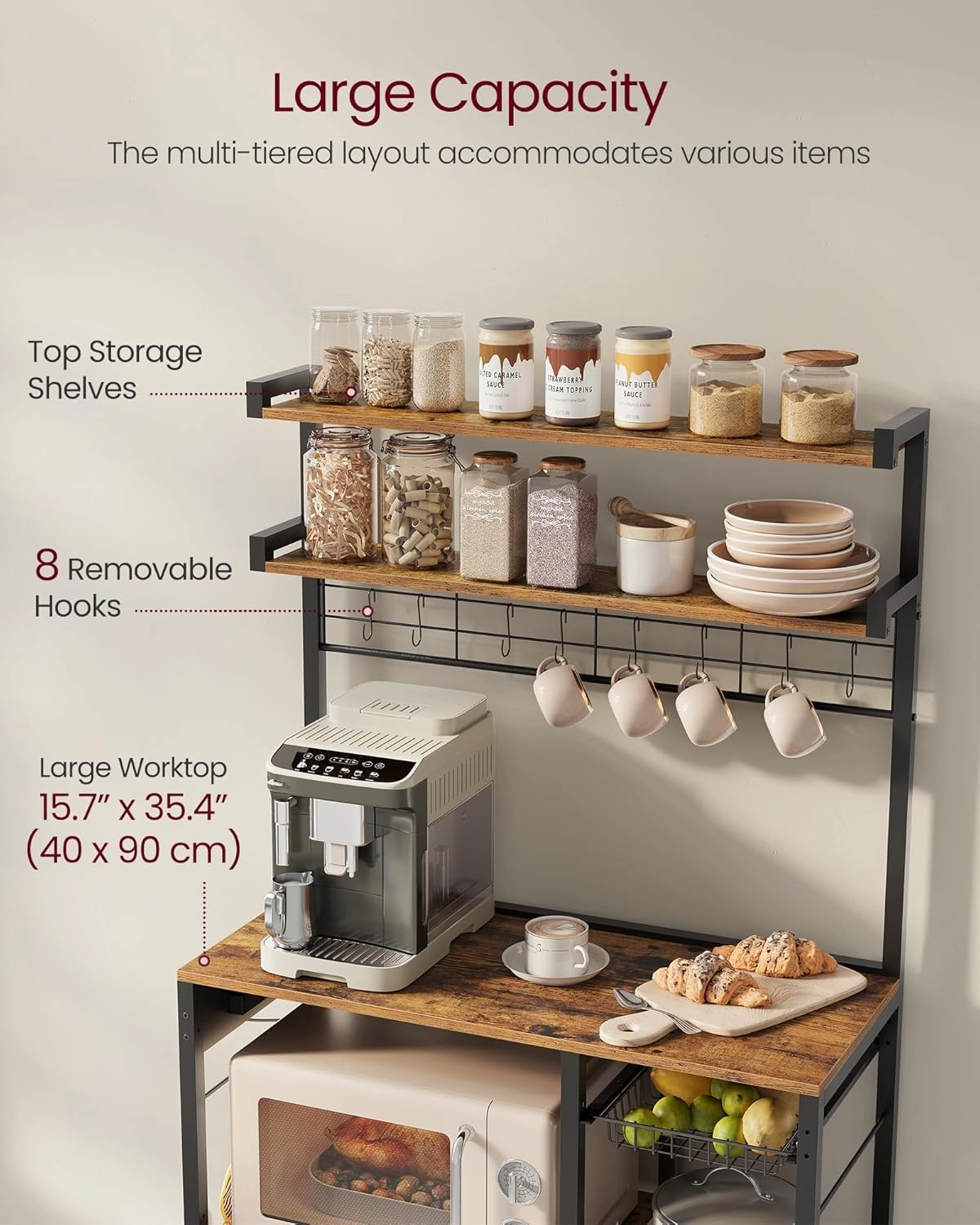 VASAGLE Bakers Rack with Power Outlet, 35.4 Inches Microwave Stand, Coffee Bar, 4 AC Outlets, with Adjustable Shelves, 8 S-Hooks, Basket, Spice Racks, Rustic Brown and Ink Black UKKS031K01