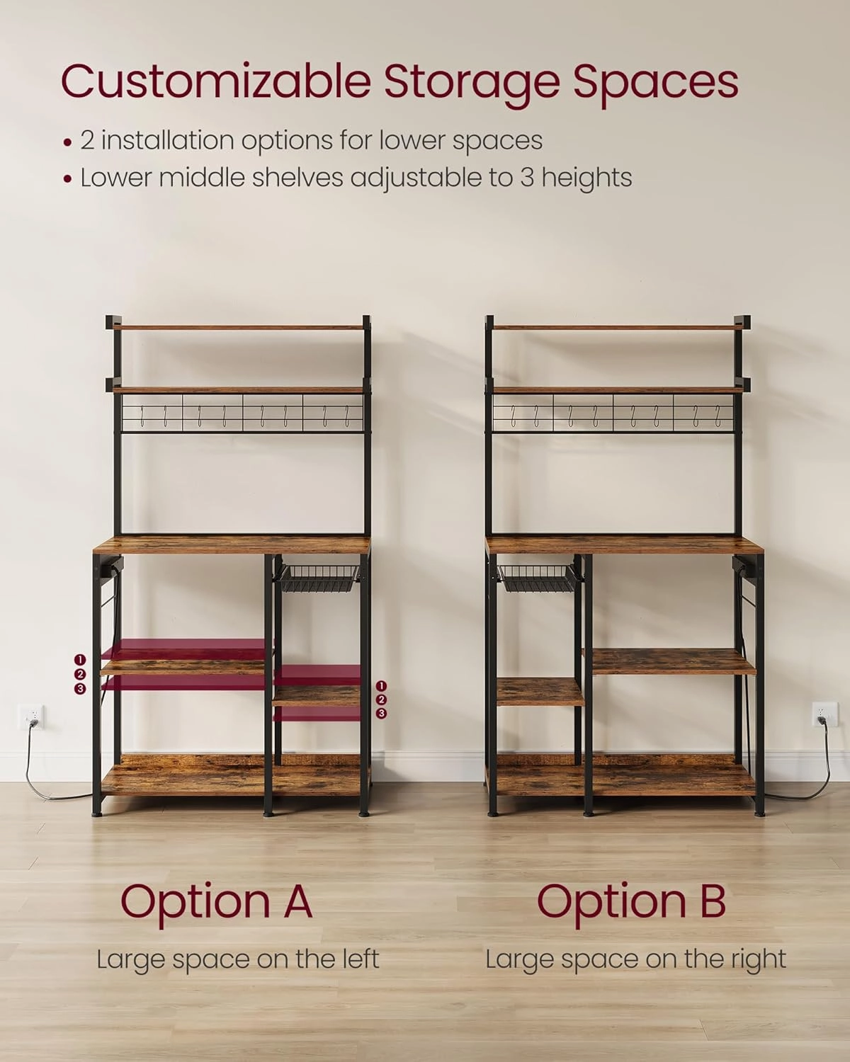 VASAGLE Bakers Rack with Power Outlet, 35.4 Inches Microwave Stand, Coffee Bar, 4 AC Outlets, with Adjustable Shelves, 8 S-Hooks, Basket, Spice Racks, Rustic Brown and Ink Black UKKS031K01