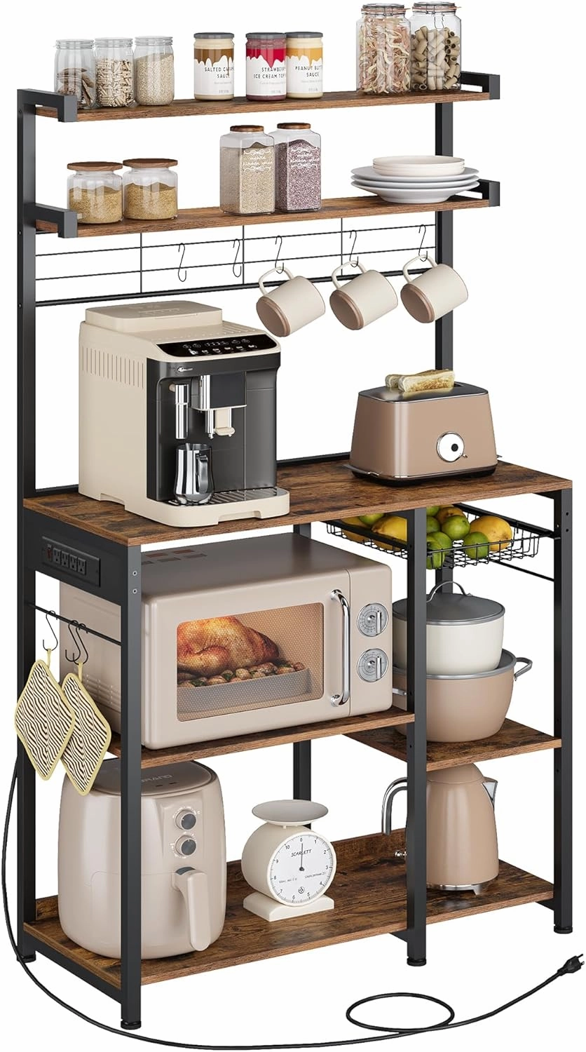 VASAGLE Bakers Rack with Power Outlet, 35.4 Inches Microwave Stand, Coffee Bar, 4 AC Outlets, with Adjustable Shelves, 8 S-Hooks, Basket, Spice Racks, Rustic Brown and Ink Black UKKS031K01