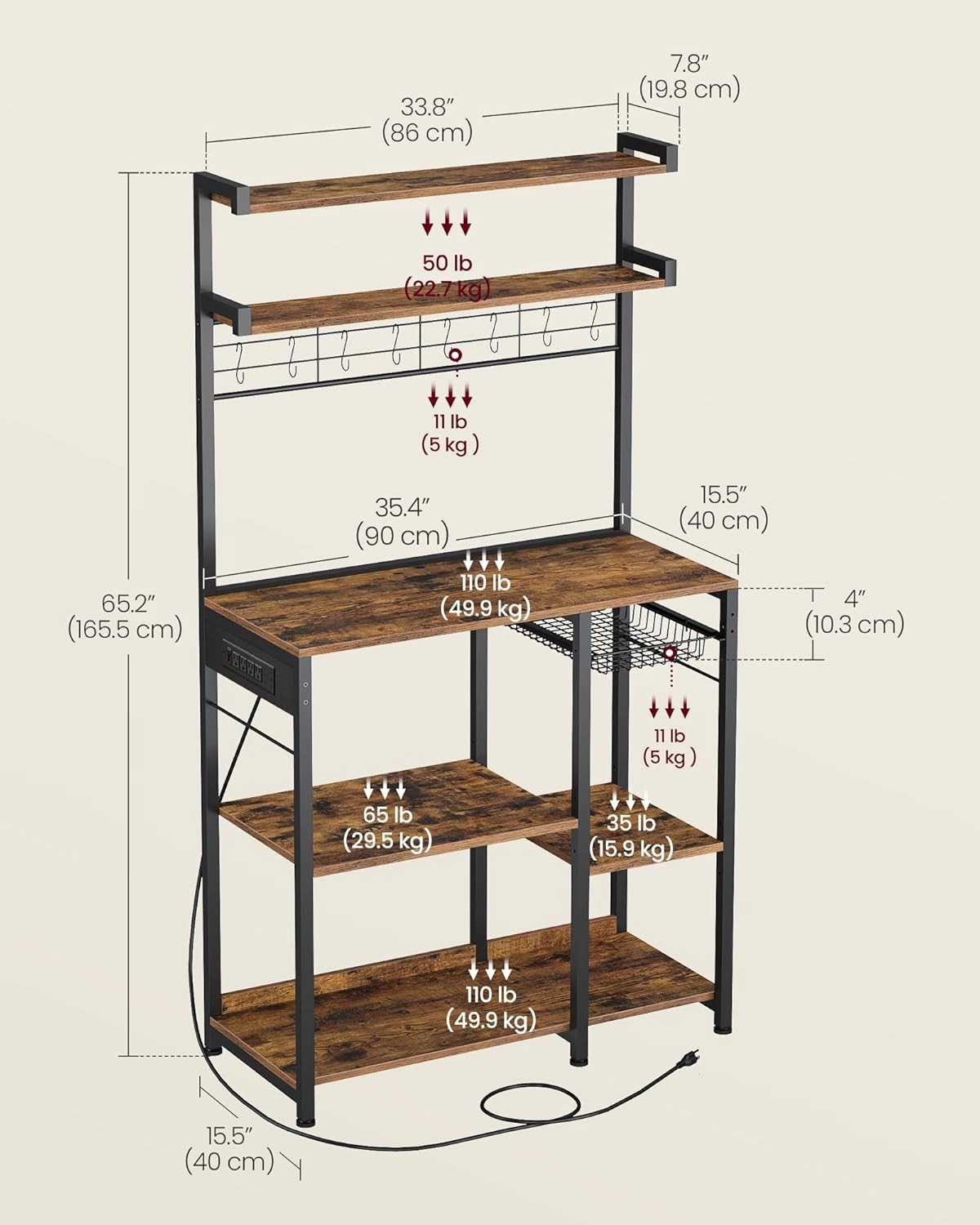 VASAGLE Bakers Rack with Power Outlet, 35.4 Inches Microwave Stand, Coffee Bar, 4 AC Outlets, with Adjustable Shelves, 8 S-Hooks, Basket, Spice Racks, Rustic Brown and Ink Black UKKS031K01
