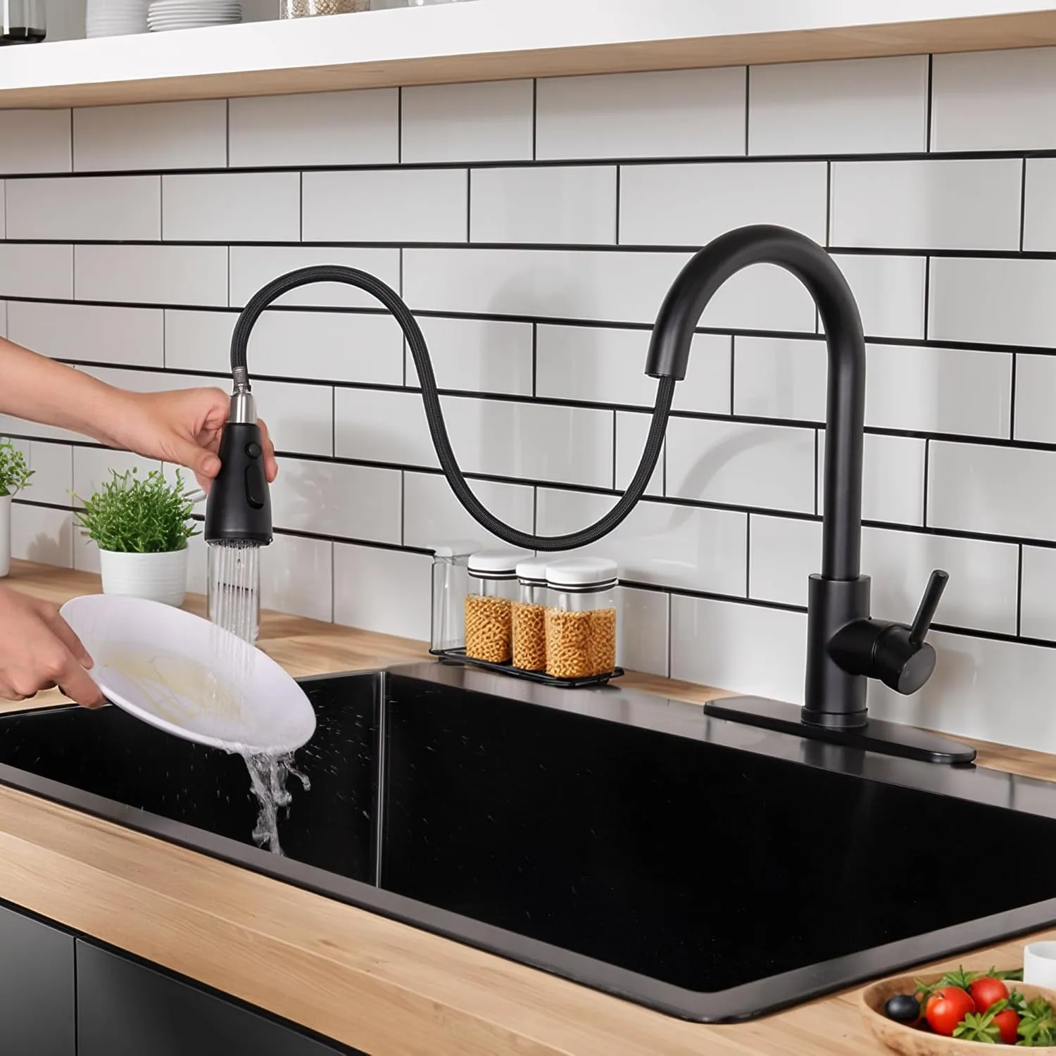 VCCUCINE Black Kitchen Faucet,Kitchen Faucets with Pull Down Sprayer for Kitchen Sink, Small High Arc RV Stainless Steel Single Handle Kitchen Sink Faucet for Farmhouse Camper Laundry Rv Bar