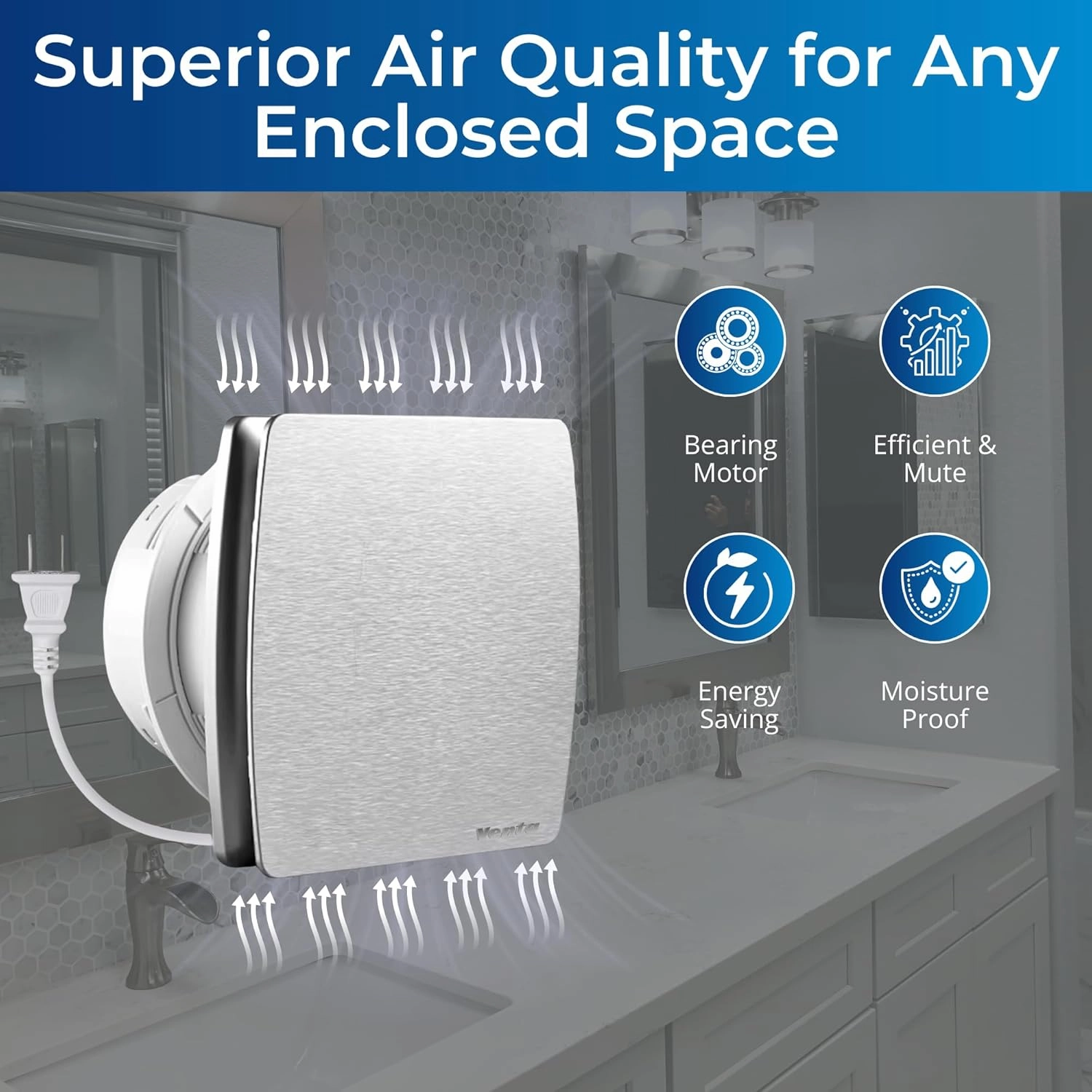 Venta Bathroom Exhaust Fan, 4-Inch Duct Quiet Ventilation for Wall Mount Bathroom Fan, 1.5 Sones, 95m³/h, 12W Air Extractor Vent for Kitchen, Living Room, and Office - Silver
