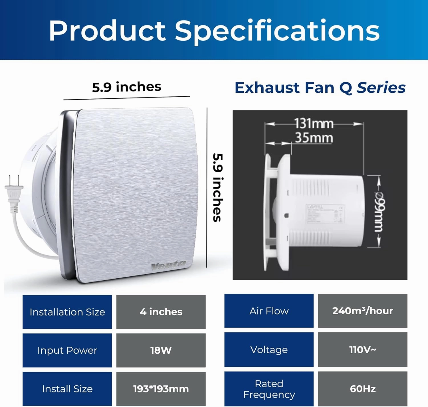 Venta Bathroom Exhaust Fan, 4-Inch Duct Quiet Ventilation for Wall Mount Bathroom Fan, 1.5 Sones, 95m³/h, 12W Air Extractor Vent for Kitchen, Living Room, and Office - Silver