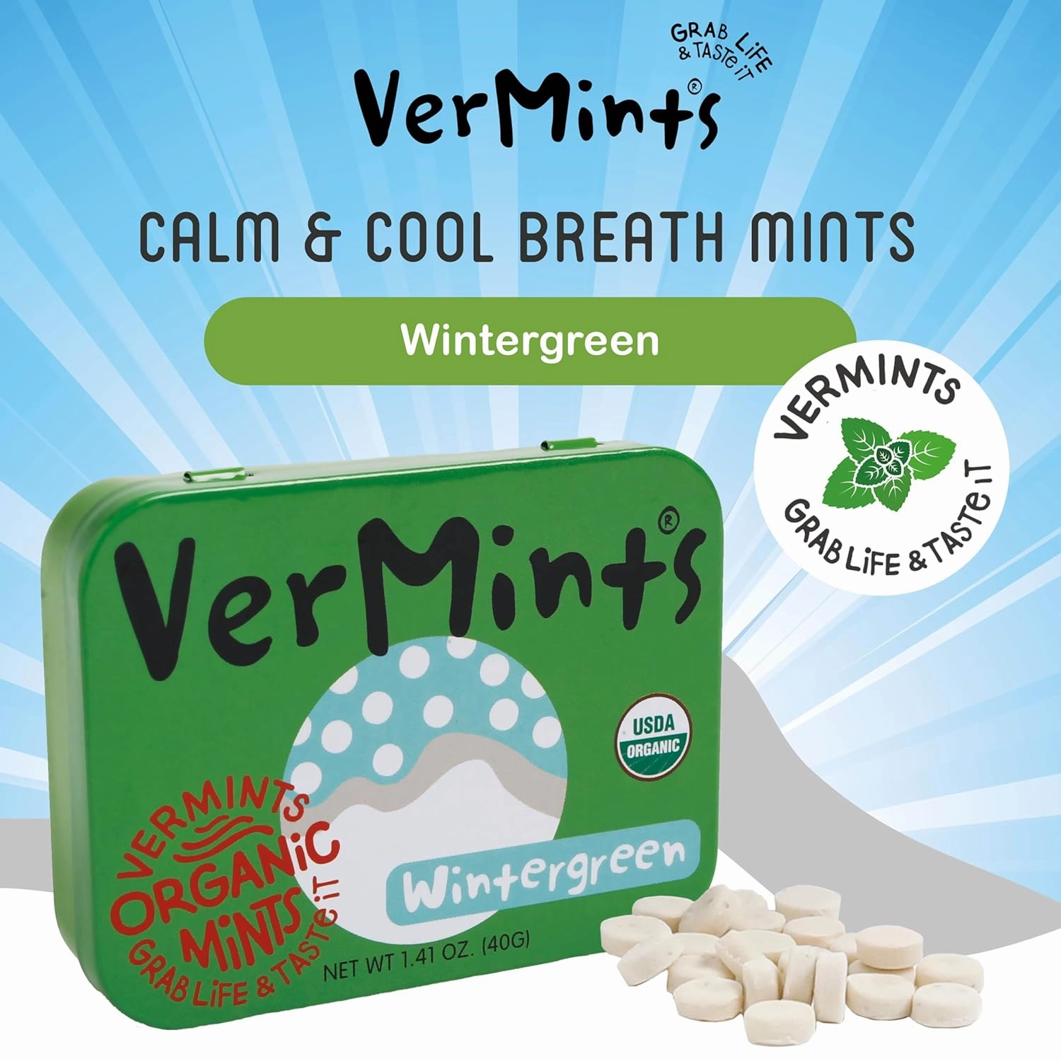 VerMints Wintergreen Natural Breath Mints - Real Long-Lasting Refreshment, Travel Size Tin - Organic, Non-GMO, Vegan, Nut Free, Gluten Free & Kosher Candy Mint Bits - 1.41oz Tins (Pack of 6)