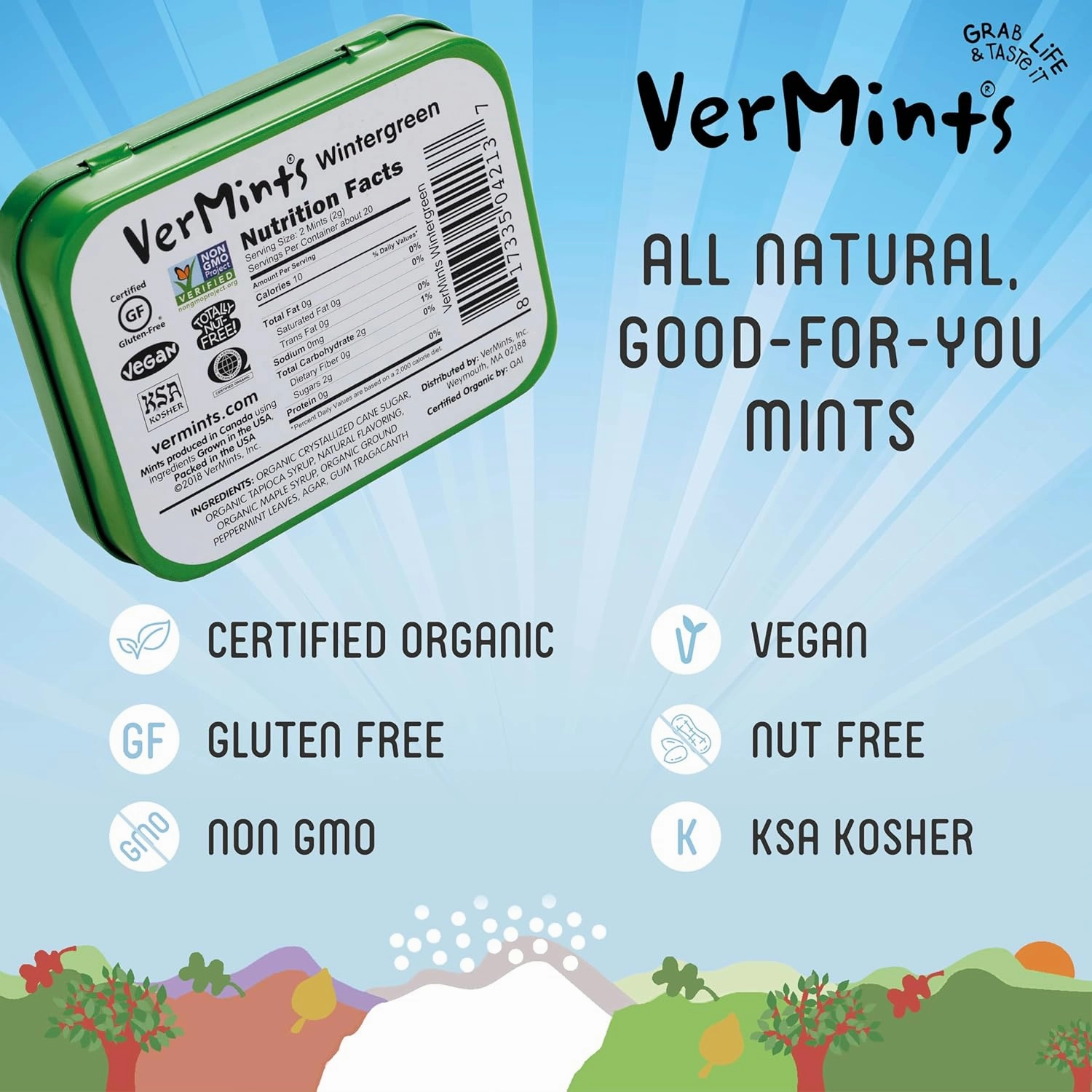 VerMints Wintergreen Natural Breath Mints - Real Long-Lasting Refreshment, Travel Size Tin - Organic, Non-GMO, Vegan, Nut Free, Gluten Free & Kosher Candy Mint Bits - 1.41oz Tins (Pack of 6)