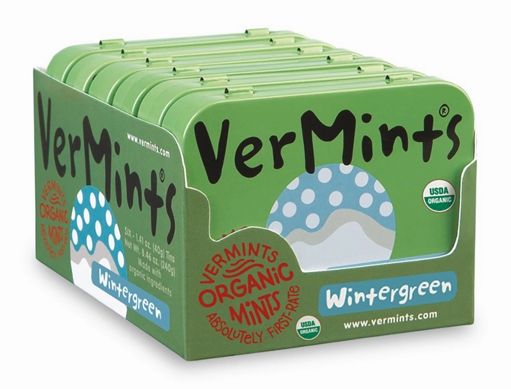 VerMints Wintergreen Natural Breath Mints - Real Long-Lasting Refreshment, Travel Size Tin - Organic, Non-GMO, Vegan, Nut Free, Gluten Free & Kosher Candy Mint Bits - 1.41oz Tins (Pack of 6)