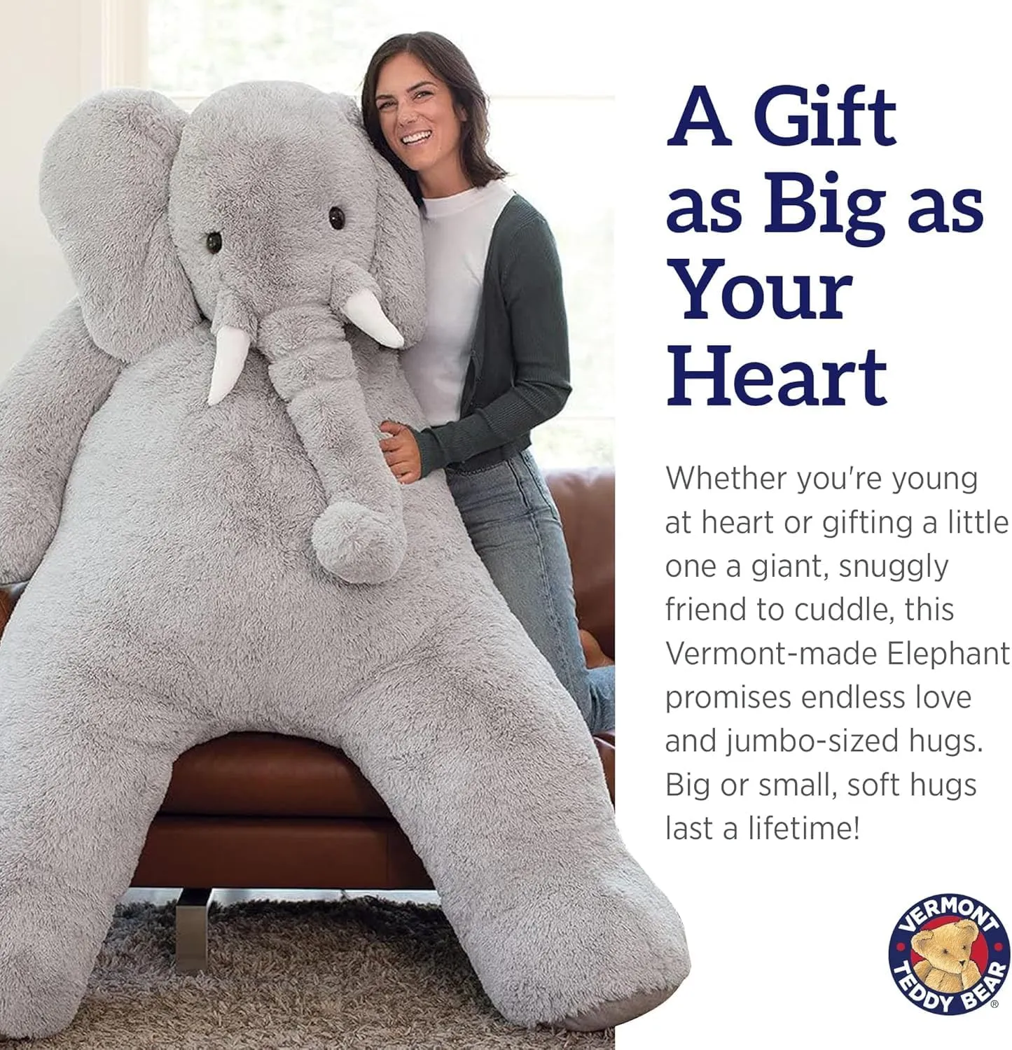 Vermont Teddy Bear Giant Elephant Stuffed Animal - 6 Foot Big Stuffed Elephant Plush from Giant Cuddle Collection - Collectible Plushies for Kids & Adults | Crafted in The USA
