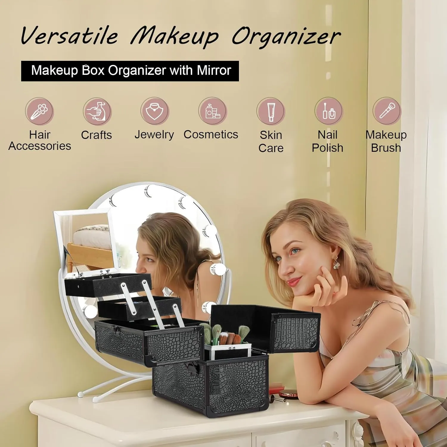 VETALLO Large Makeup Case with Brushes Holder, Portable Makeup Cases Organizer with Mirror Makeup Box Organizer Makeup Cases Organizer Make Up Box Birthday Gifts for Her Women Bestie I Crocodile
