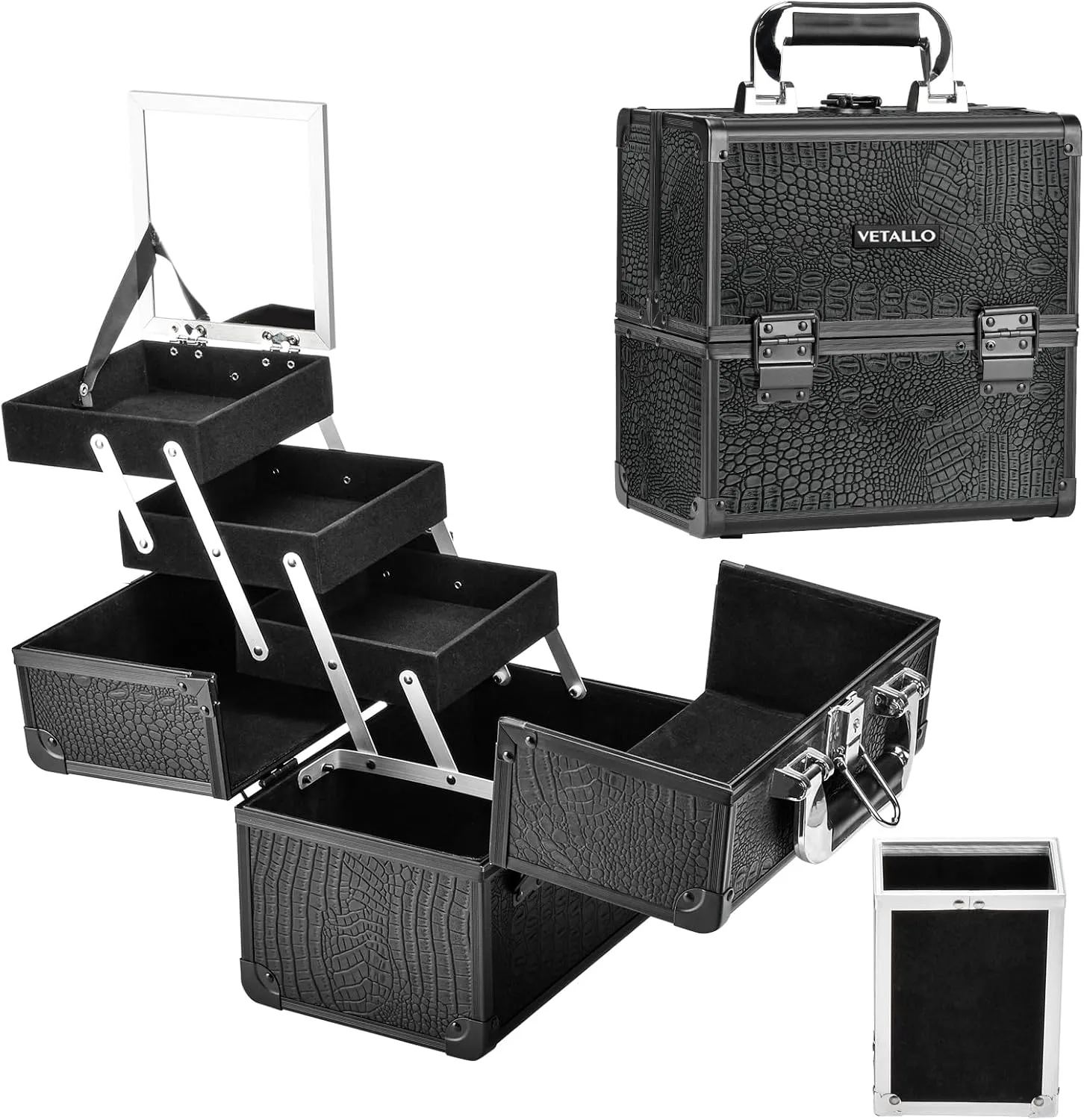 VETALLO Large Makeup Case with Brushes Holder, Portable Makeup Cases Organizer with Mirror Makeup Box Organizer Makeup Cases Organizer Make Up Box Birthday Gifts for Her Women Bestie I Crocodile