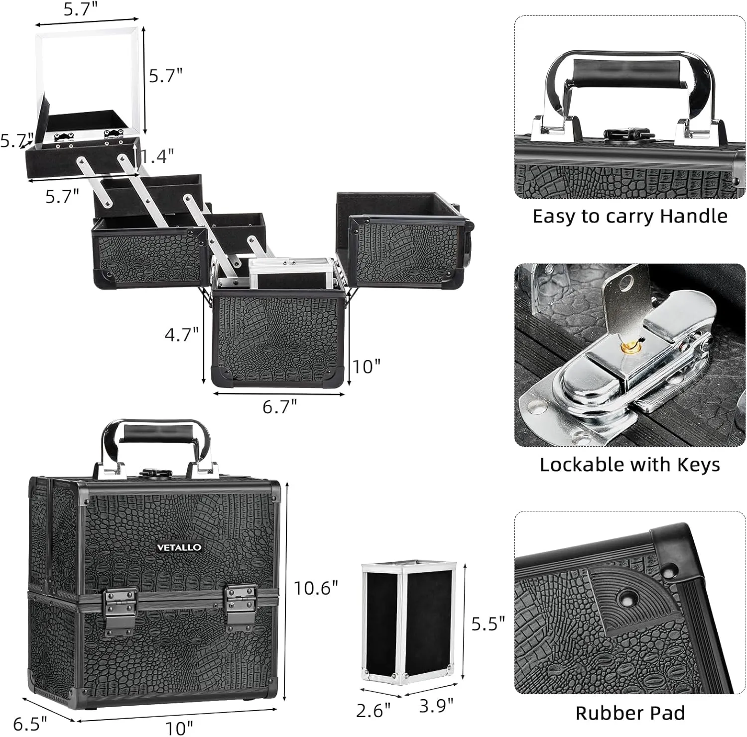 VETALLO Large Makeup Case with Brushes Holder, Portable Makeup Cases Organizer with Mirror Makeup Box Organizer Makeup Cases Organizer Make Up Box Birthday Gifts for Her Women Bestie I Crocodile