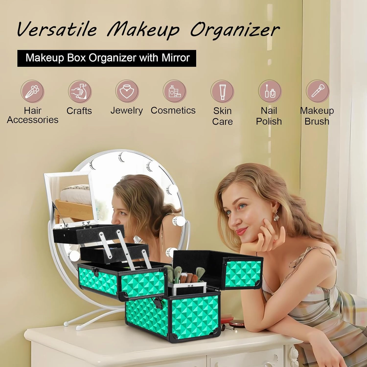 VETALLO Large Makeup Case with Brushes Holder, Portable Makeup Cases Organizer with Mirror Makeup Box Organizer Makeup Cases Organizer Make Up Box Birthday Gifts for Her Women Bestie I Blue