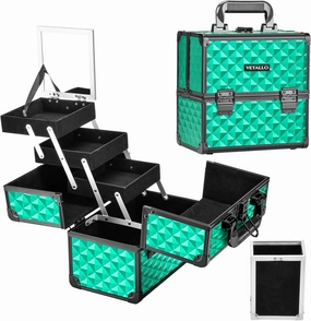 VETALLO Large Makeup Case with Brushes Holder, Portable Makeup Cases Organizer with Mirror Makeup Box Organizer Makeup Cases Organizer Make Up Box Birthday Gifts for Her Women Bestie I Blue