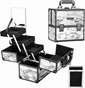VETALLO Large Makeup Case with Brushes Holder, Portable Makeup Cases Organizer with Mirror Makeup Box Organizer Makeup Cases Organizer Make Up Box Birthday Gifts for Her Women Bestie I Marble