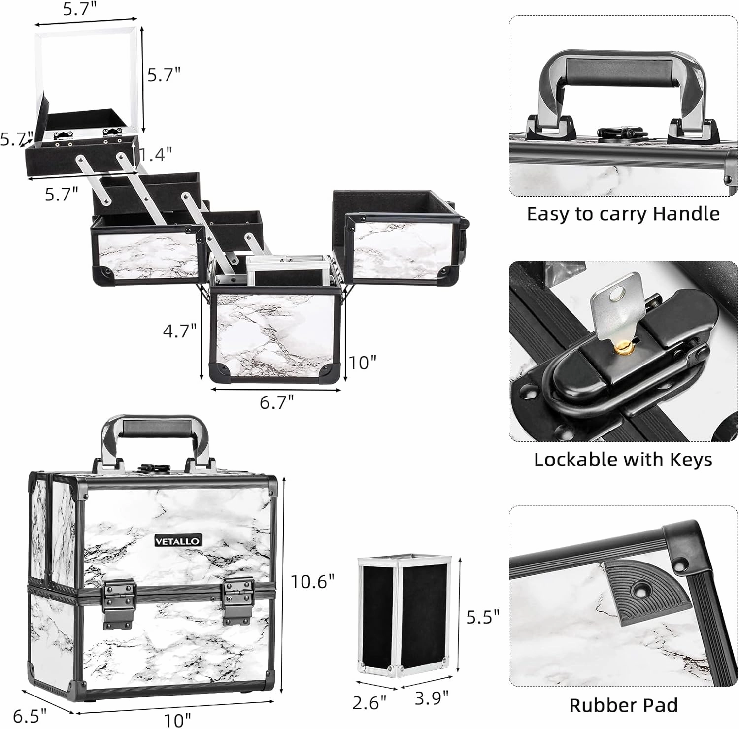 VETALLO Large Makeup Case with Brushes Holder, Portable Makeup Cases Organizer with Mirror Makeup Box Organizer Makeup Cases Organizer Make Up Box Birthday Gifts for Her Women Bestie I Marble