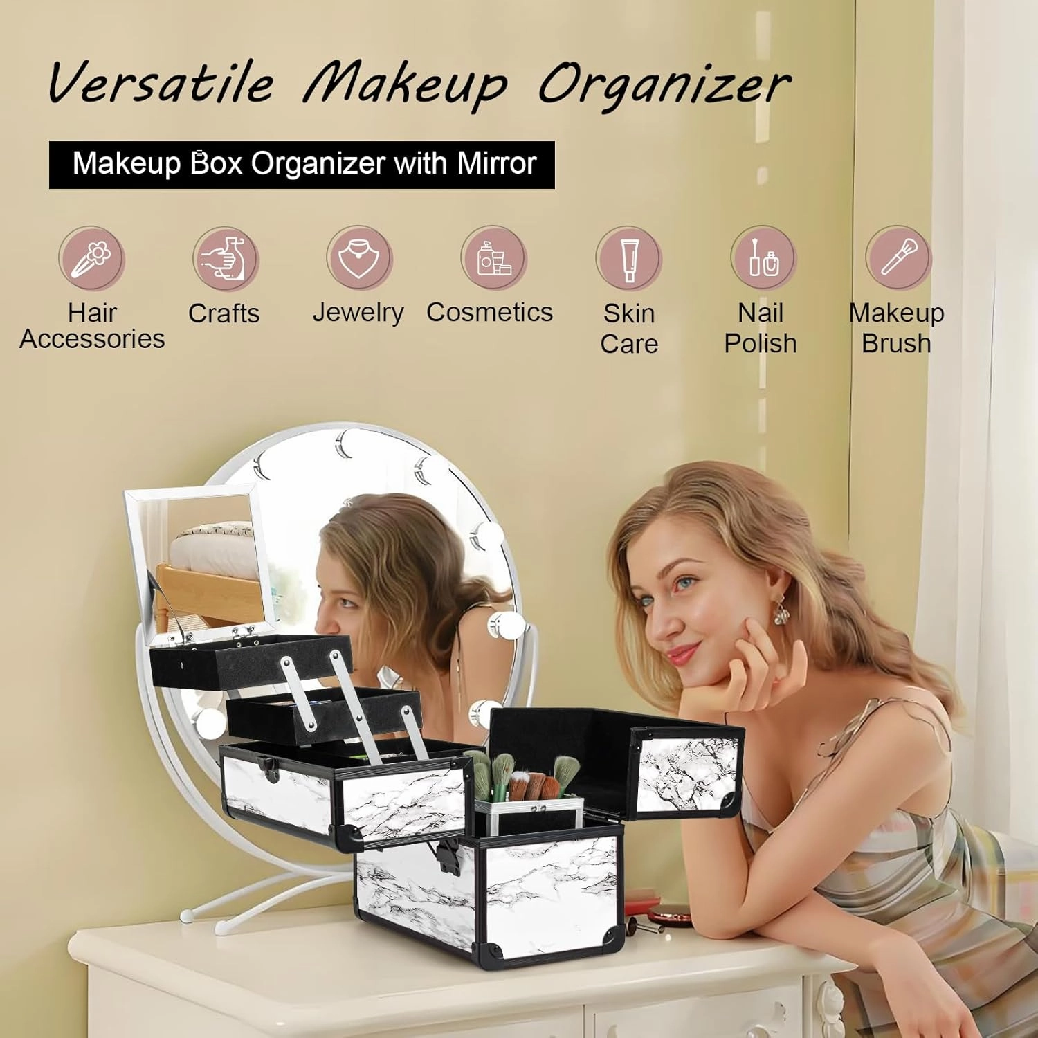 VETALLO Large Makeup Case with Brushes Holder, Portable Makeup Cases Organizer with Mirror Makeup Box Organizer Makeup Cases Organizer Make Up Box Birthday Gifts for Her Women Bestie I Marble