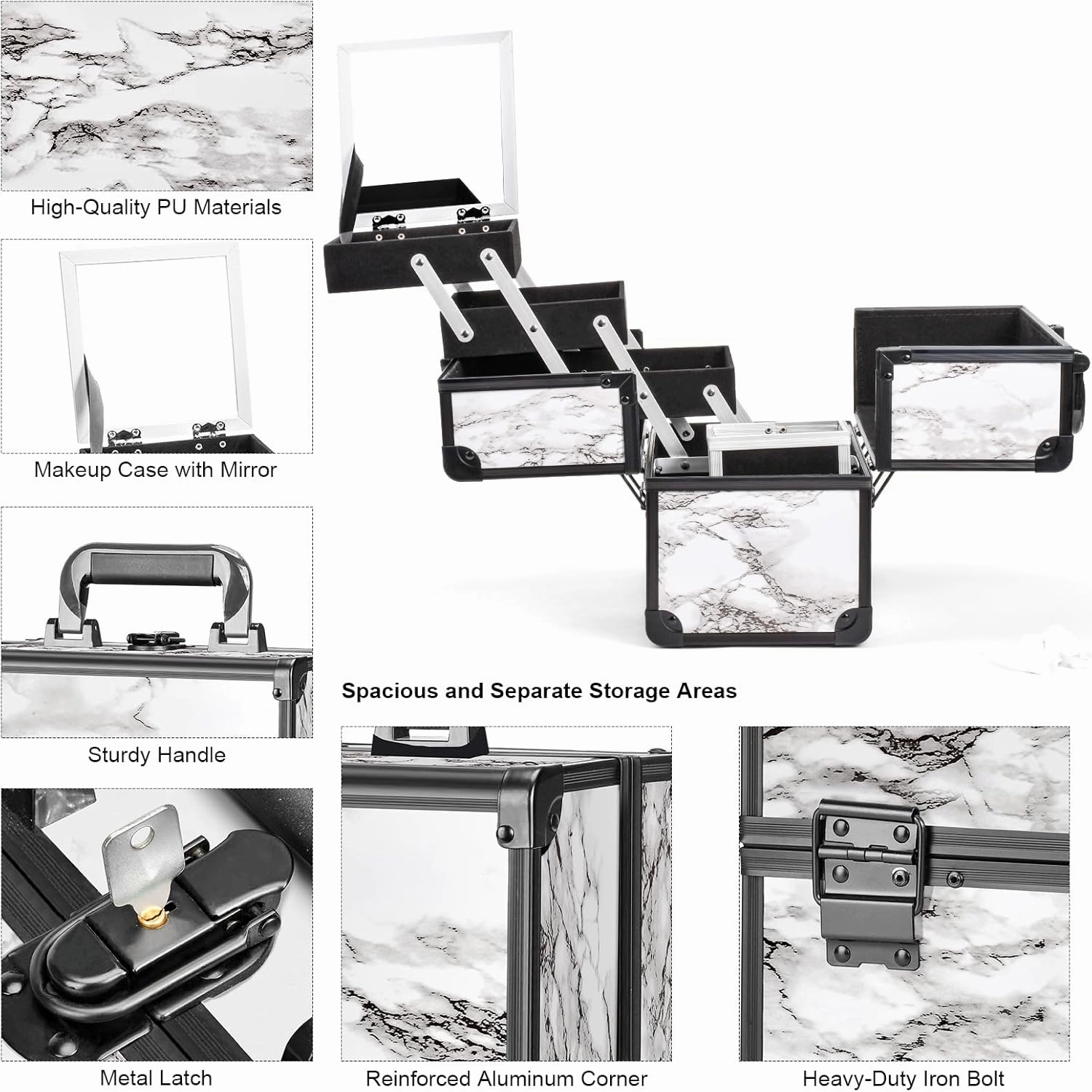 VETALLO Large Makeup Case with Brushes Holder, Portable Makeup Cases Organizer with Mirror Makeup Box Organizer Makeup Cases Organizer Make Up Box Birthday Gifts for Her Women Bestie I Marble