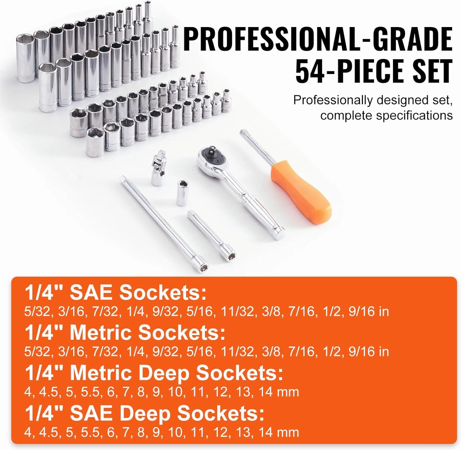 VEVOR Socket Set, 1/4 Inch Drive Socket and Ratchet Set, 6-Point Socket Opening, 54 Pieces Tool Set SAE and Metric, Deep and Standard Sockets, 5/32-9/16 in, 4-14 mm, with Accessories, Storage Case