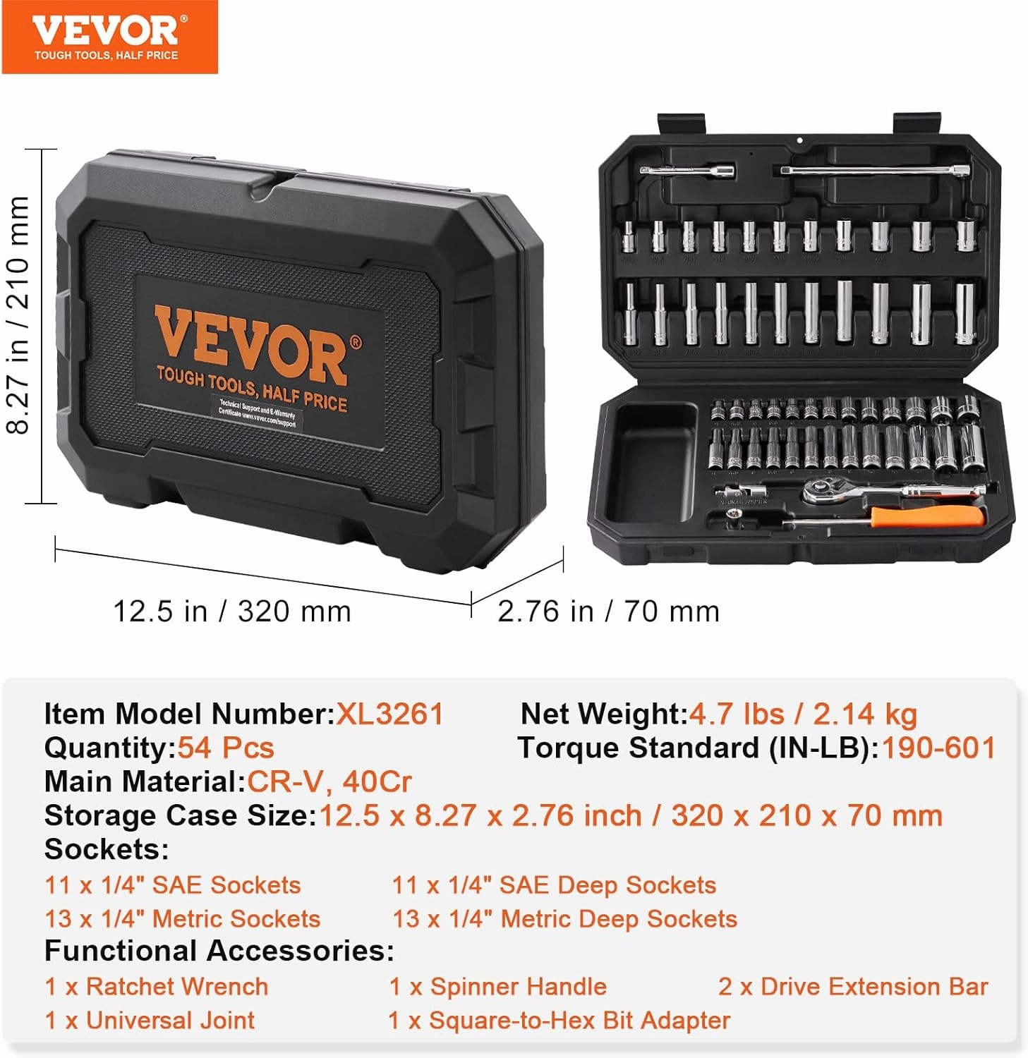 VEVOR Socket Set, 1/4 Inch Drive Socket and Ratchet Set, 6-Point Socket Opening, 54 Pieces Tool Set SAE and Metric, Deep and Standard Sockets, 5/32-9/16 in, 4-14 mm, with Accessories, Storage Case