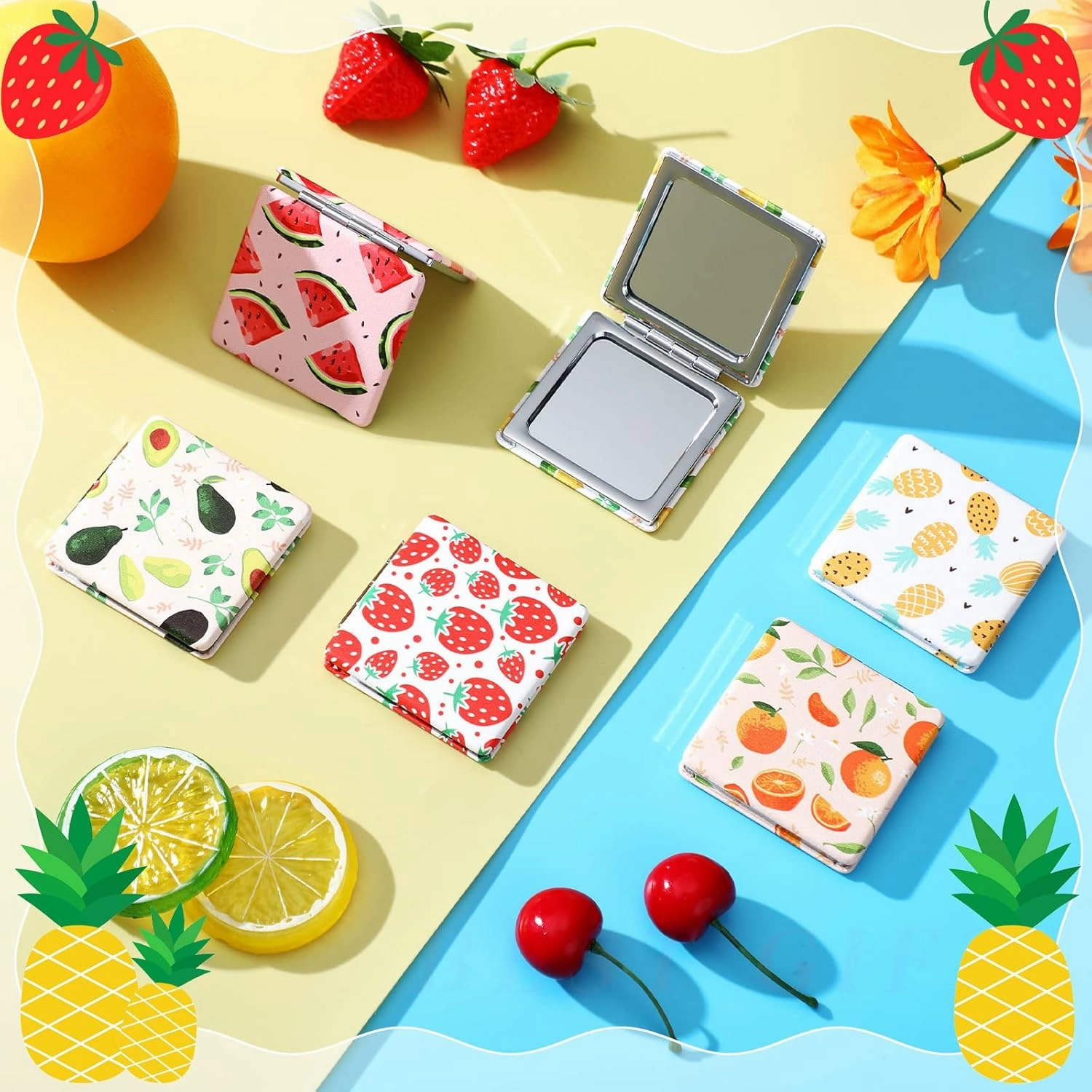 Vicenpal Compact Mirrors Small Pocket Fruit Design Mini Magnifying Portable Makeup Compact Pu Leather Double Sided Pocket Mirror for Women Girls Mother Kids Gift(24 Pcs)