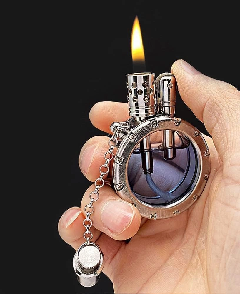 Vintage Antique Transparent Bottle Kerosene Lighter, Steampunk Style, Grinding Wheel Ignition, Silver