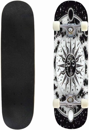 Vintage Elegant Hand Draw Work of Moon, Sun, Night Sky, Moon Phase, Outdoor Skateboard 31"x8" Pro Complete Skate Board Cruiser 8 Layers Double Kick Concave Deck Maple Longboards for Youths Sports