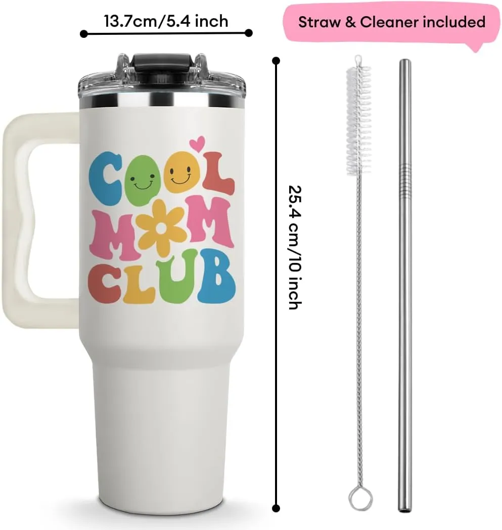 Vivulla68 Mother Day Gift from Daughter or Son – Cool Mom Club Tumbler 40oz with Straw & Brush, Cute Mama Cup, Present for New Mom, Keeps Drinks Cold, Reusable Travel Mug, Birthday Christmas Idea