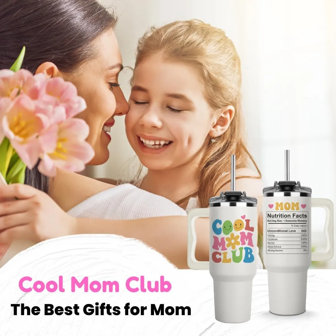 Vivulla68 Mother Day Gift from Daughter or Son – Cool Mom Club Tumbler 40oz with Straw & Brush, Cute Mama Cup, Present for New Mom, Keeps Drinks Cold, Reusable Travel Mug, Birthday Christmas Idea