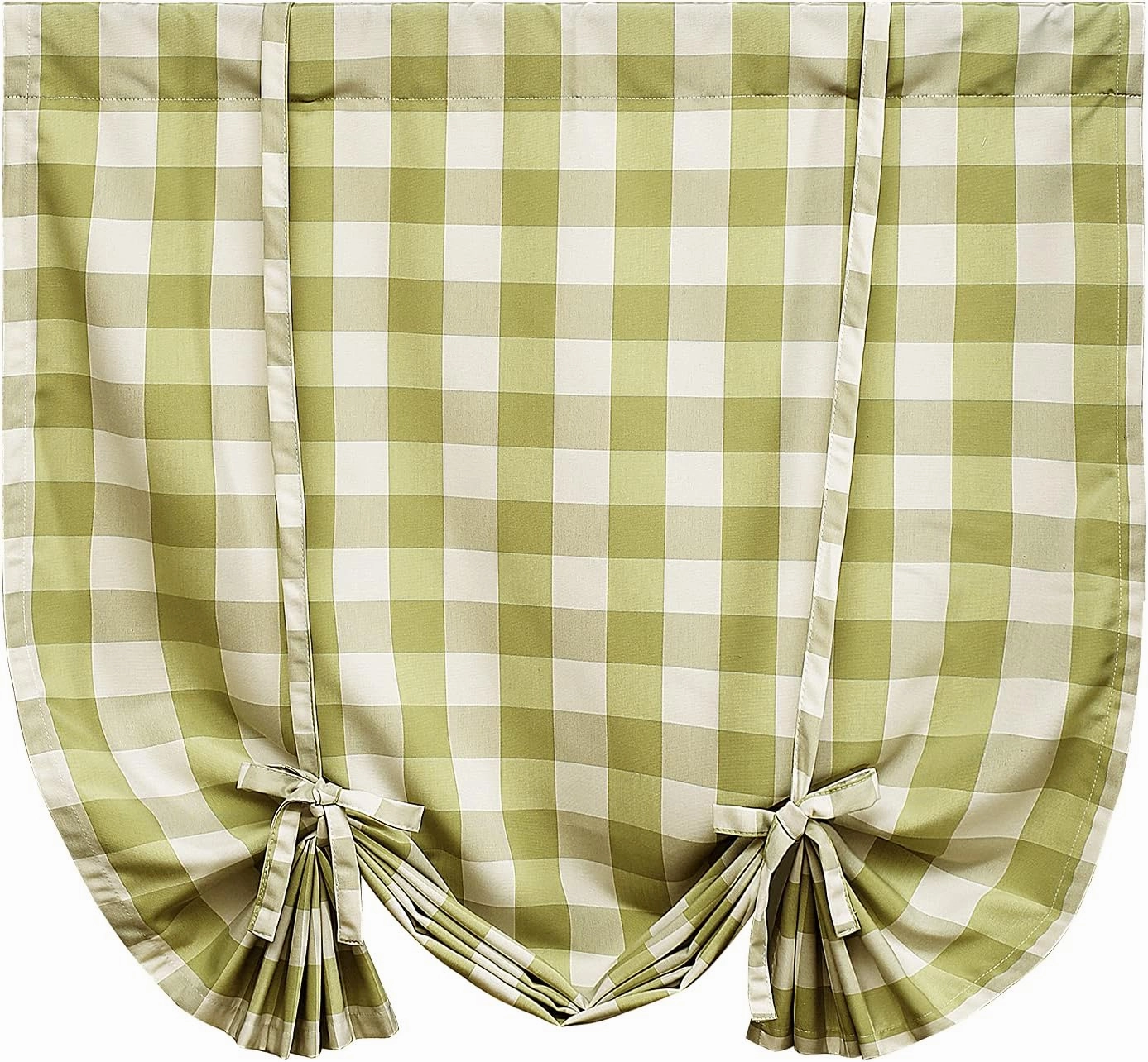 VOGOL Tie Up Shades for Bathroom, Green and White Tie-Up Curtains for Kitchen Windows Adjustable Rod Pocket 63 Inch Length Gingham Curtain Panels for Nursery Small Cafe, One Piece