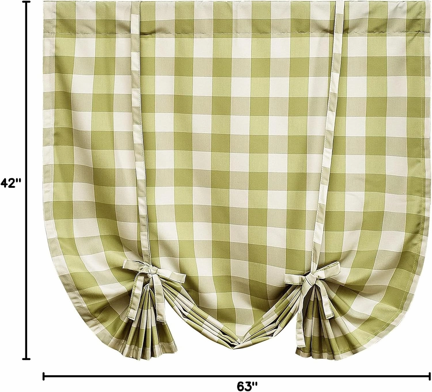 VOGOL Tie Up Shades for Bathroom, Green and White Tie-Up Curtains for Kitchen Windows Adjustable Rod Pocket 63 Inch Length Gingham Curtain Panels for Nursery Small Cafe, One Piece