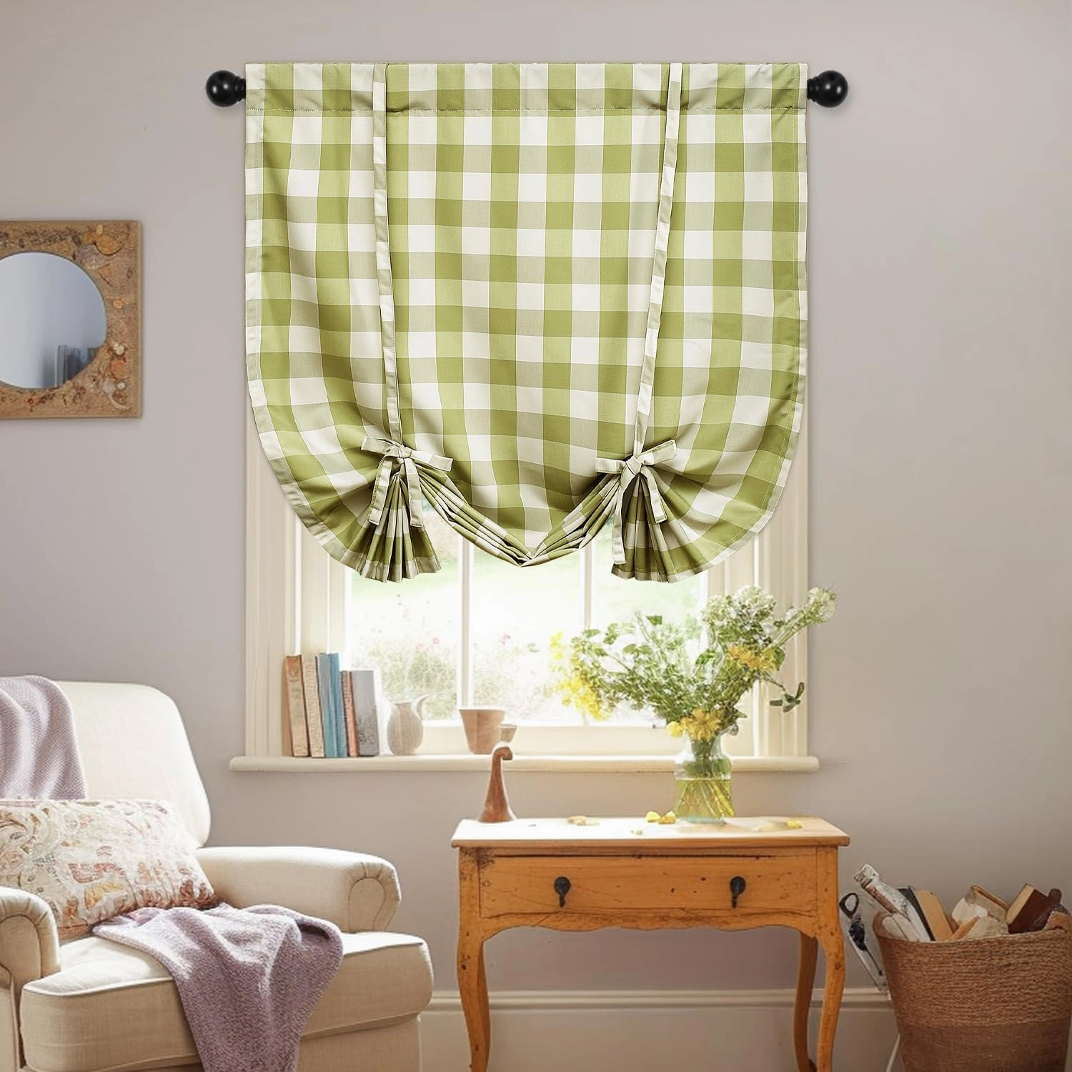 VOGOL Tie Up Shades for Bathroom, Green and White Tie-Up Curtains for Kitchen Windows Adjustable Rod Pocket 63 Inch Length Gingham Curtain Panels for Nursery Small Cafe, One Piece