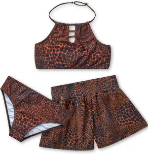Volcom Girls' Swimsuit Set - 3 Piece UPF50  High Neck Bikini Top, Bikini Bottom and Matching Swim Shorts for Girls (2T-16)