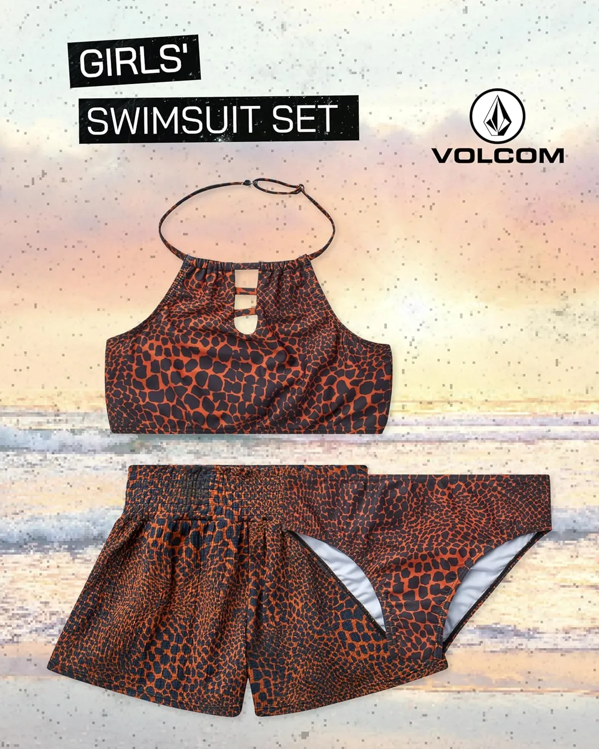 Volcom Girls' Swimsuit Set - 3 Piece UPF50  High Neck Bikini Top, Bikini Bottom and Matching Swim Shorts for Girls (2T-16)