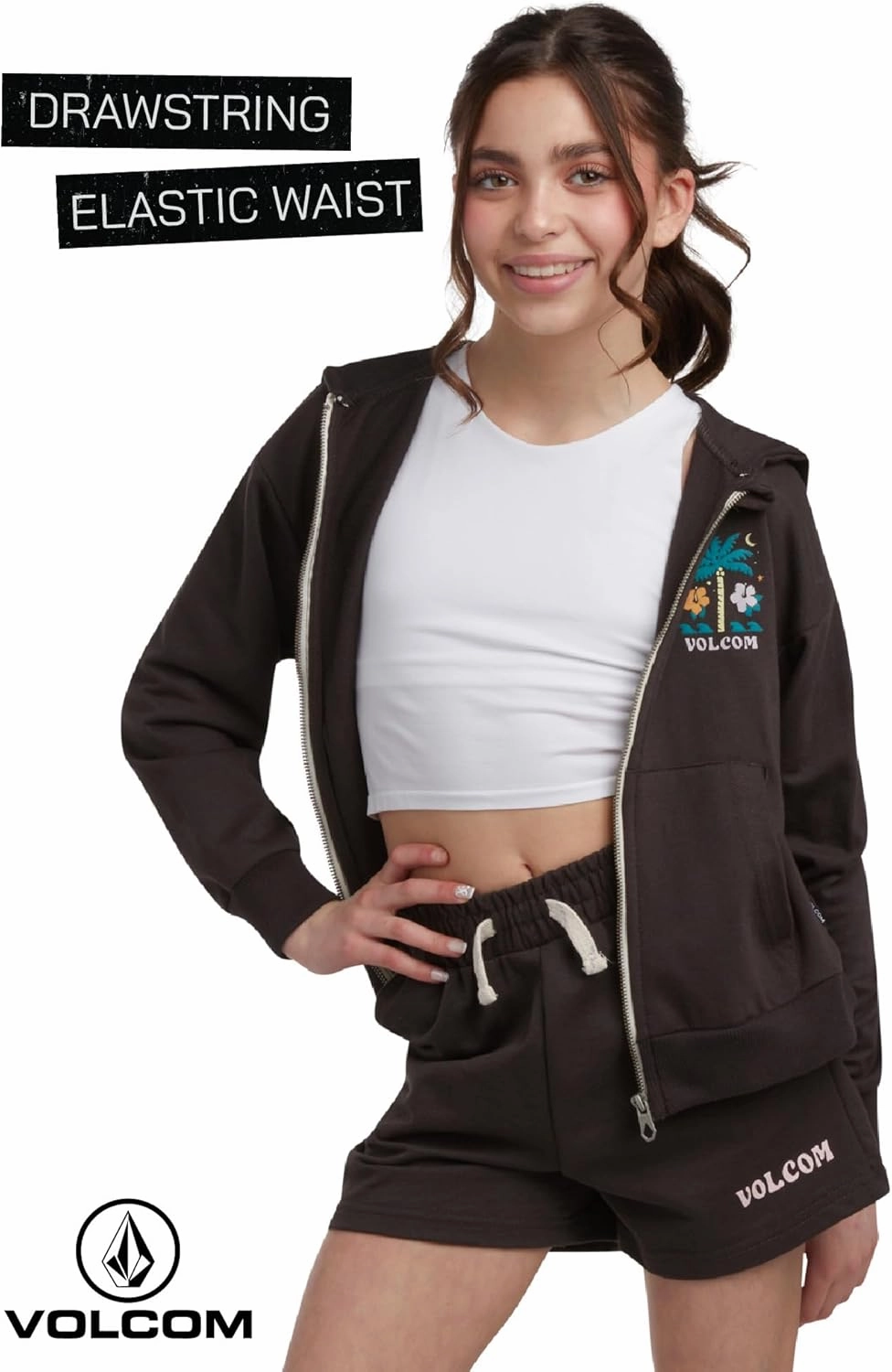 Volcom Girls' Fleece Short Set - 2 Piece Long Sleeve Full Zip Up Hoodie Sweatshirt and Matching Sweat Shorts (Sizes: 4-12)