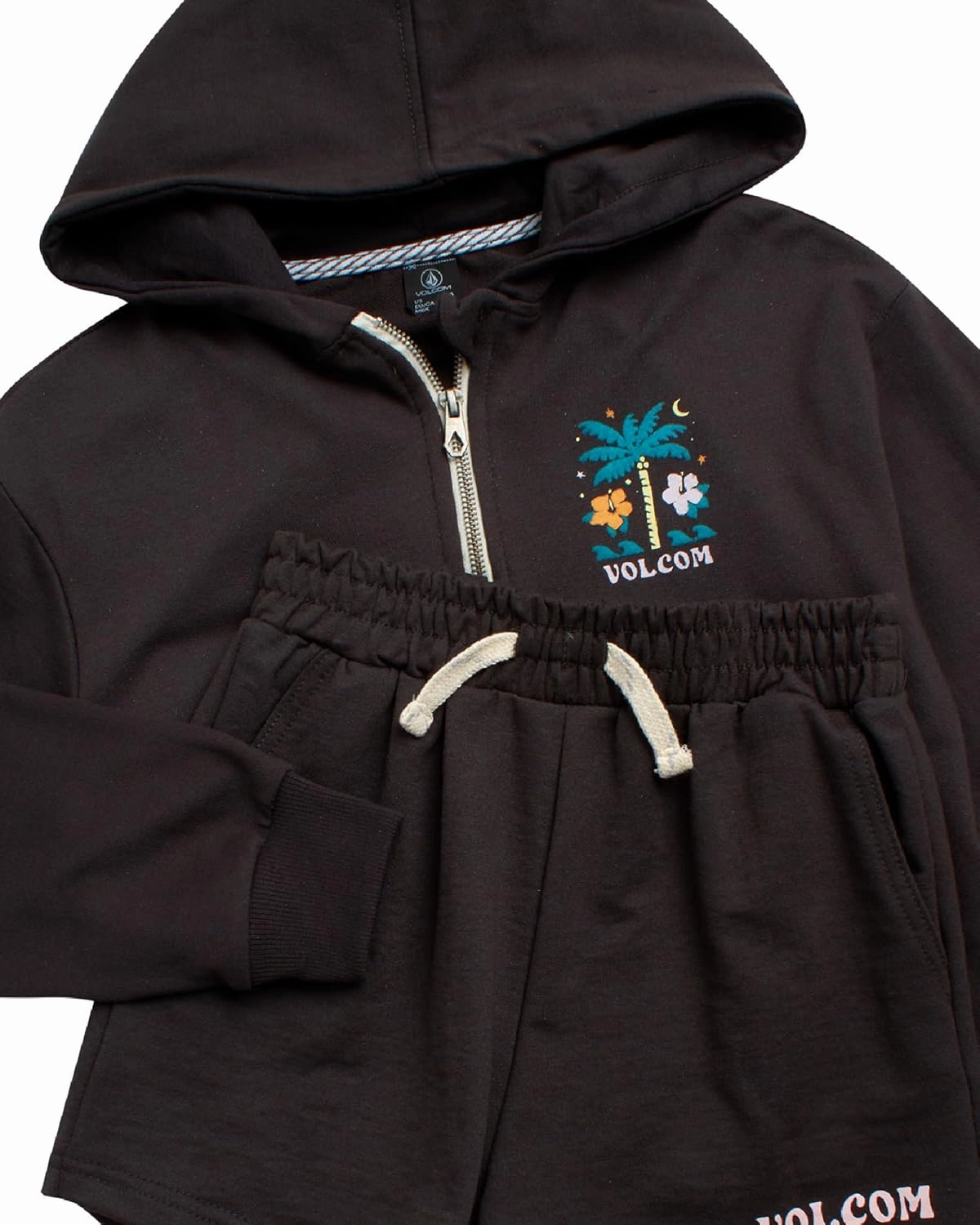 Volcom Girls' Fleece Short Set - 2 Piece Long Sleeve Full Zip Up Hoodie Sweatshirt and Matching Sweat Shorts (Sizes: 4-12)