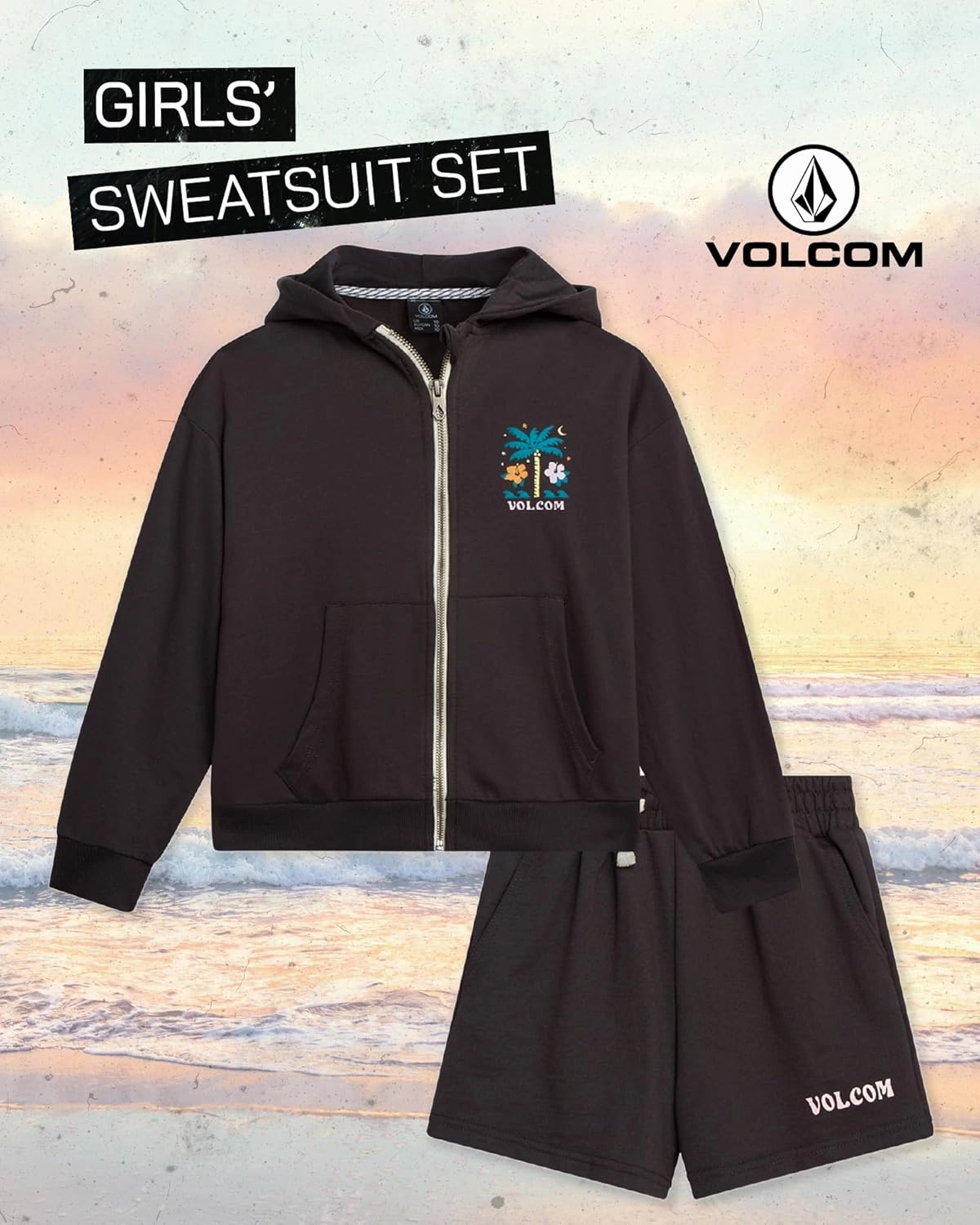 Volcom Girls' Fleece Short Set - 2 Piece Long Sleeve Full Zip Up Hoodie Sweatshirt and Matching Sweat Shorts (Sizes: 4-12)