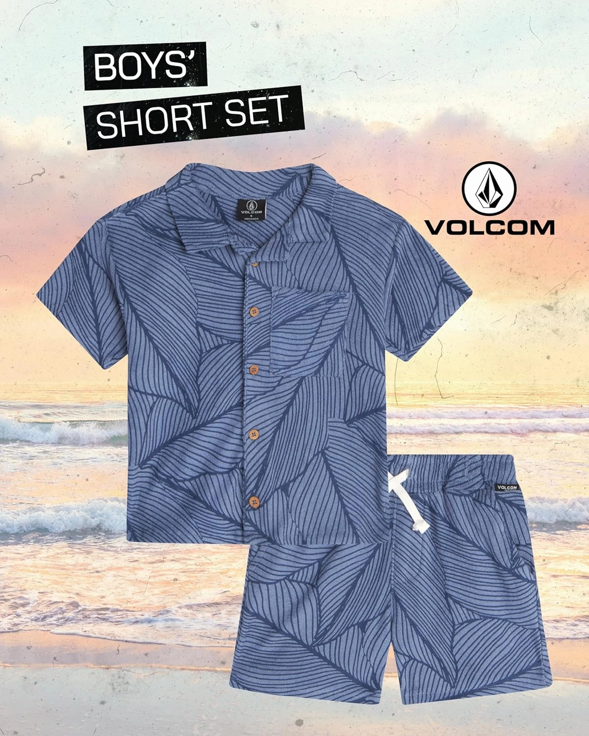 Volcom Toddler Boys' Terry Short Set - 2 Piece Short Sleeve French Terry Button Down Shirt and Matching Shorts (Sizes: 2T-7)