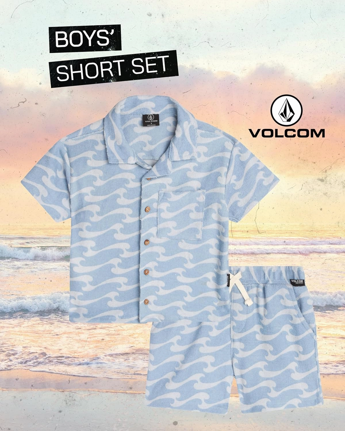 Volcom Toddler Boys' Terry Short Set - 2 Piece Short Sleeve French Terry Button Down Shirt and Matching Shorts (Sizes: 2T-7)