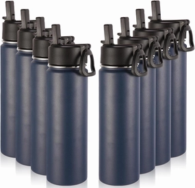 Volhoply Insulated Water Bottles with Straw Bulk 8 Pack, 22 oz Stainless Steel Sports Bottle with Handle Lid,Double Walled Metal Travel Water Thermos with Wide Mouth, Reusable Water Flask(Navy,8 Set)