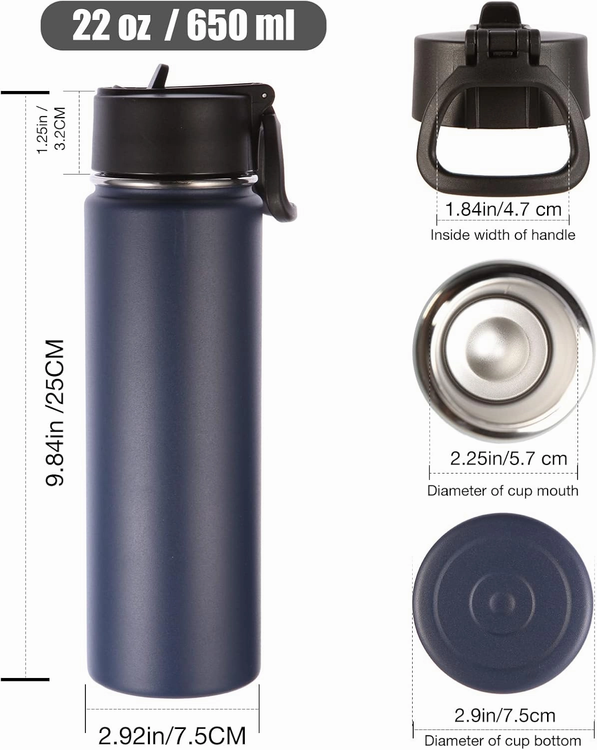 Volhoply Insulated Water Bottles with Straw Bulk 8 Pack, 22 oz Stainless Steel Sports Bottle with Handle Lid,Double Walled Metal Travel Water Thermos with Wide Mouth, Reusable Water Flask(Navy,8 Set)