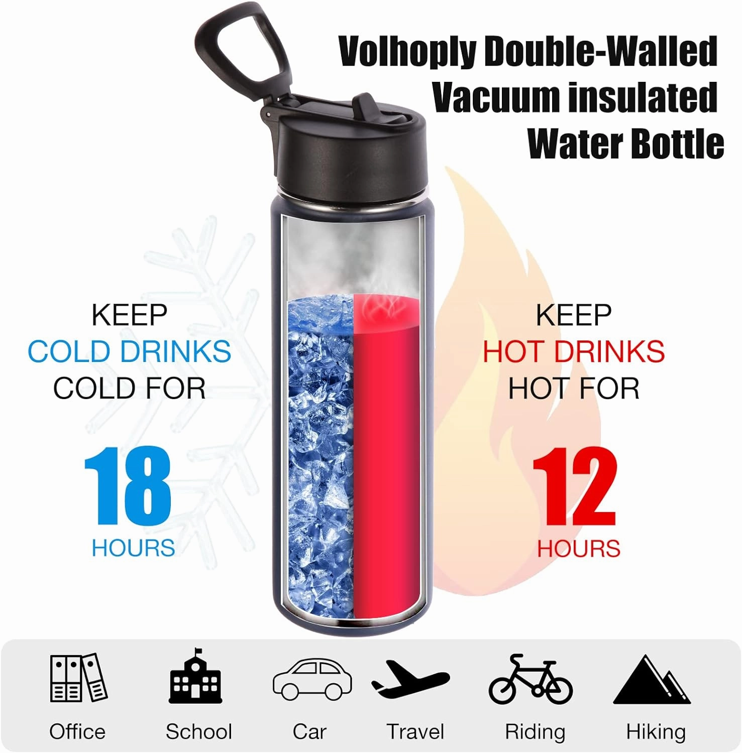 Volhoply Insulated Water Bottles with Straw Bulk 8 Pack, 22 oz Stainless Steel Sports Bottle with Handle Lid,Double Walled Metal Travel Water Thermos with Wide Mouth, Reusable Water Flask(Navy,8 Set)
