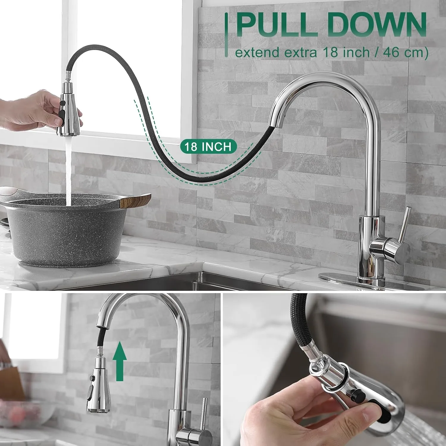 VOTON Kitchen Faucet with Pull Down Sprayer, Chrome Kitchen Faucets Modern Single Handle High Arc Pull Out Kitchen Sink Faucet 1 or 3 Hole, Faucet for Farmhouse Camper Rv Kitchen Bar Laundry