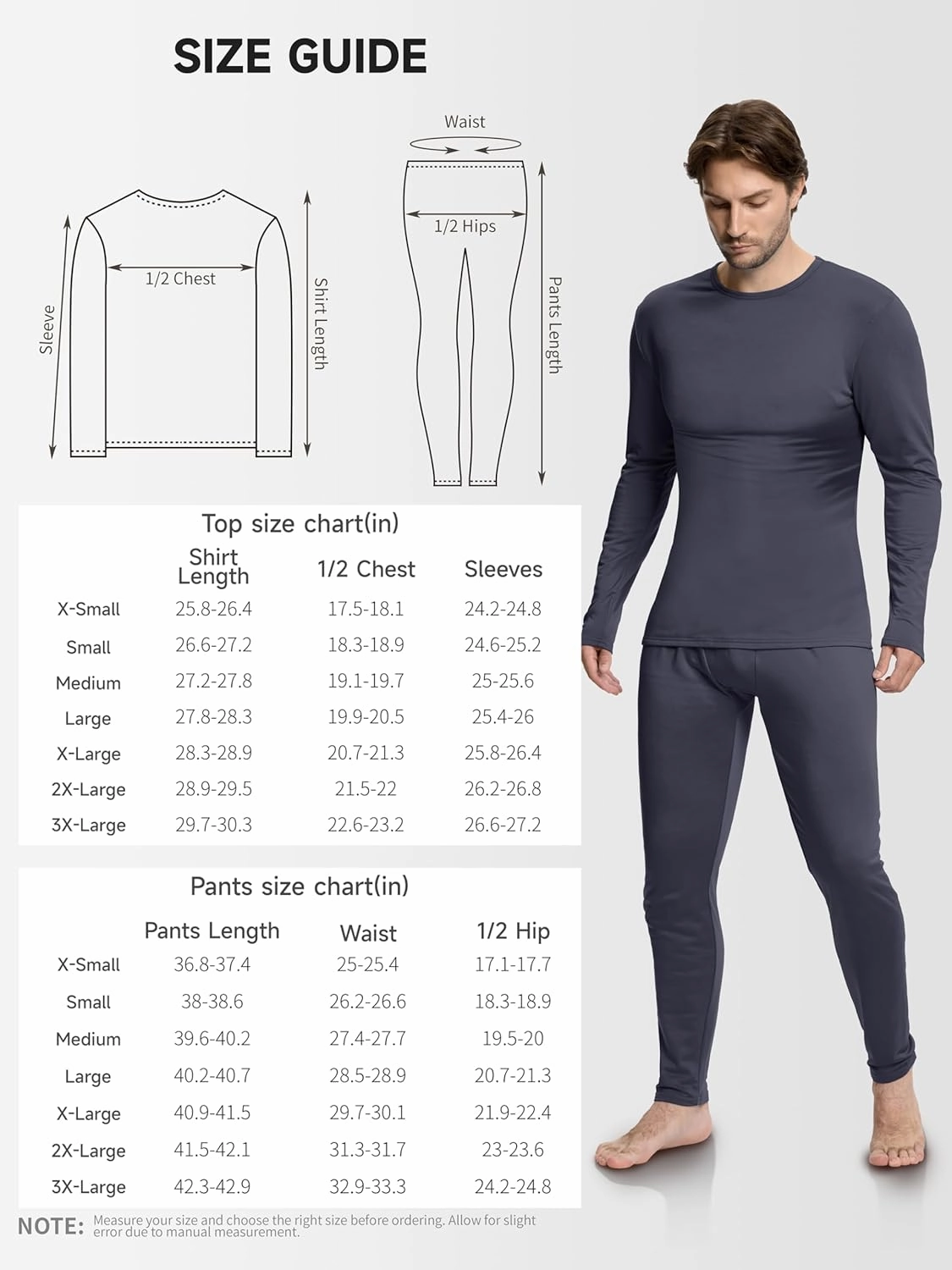 VZV Thermal Underwear for Men Fleece Lined Long Johns for Mens Thermals Top and Bottom Set Soft Base Layer for Winter
